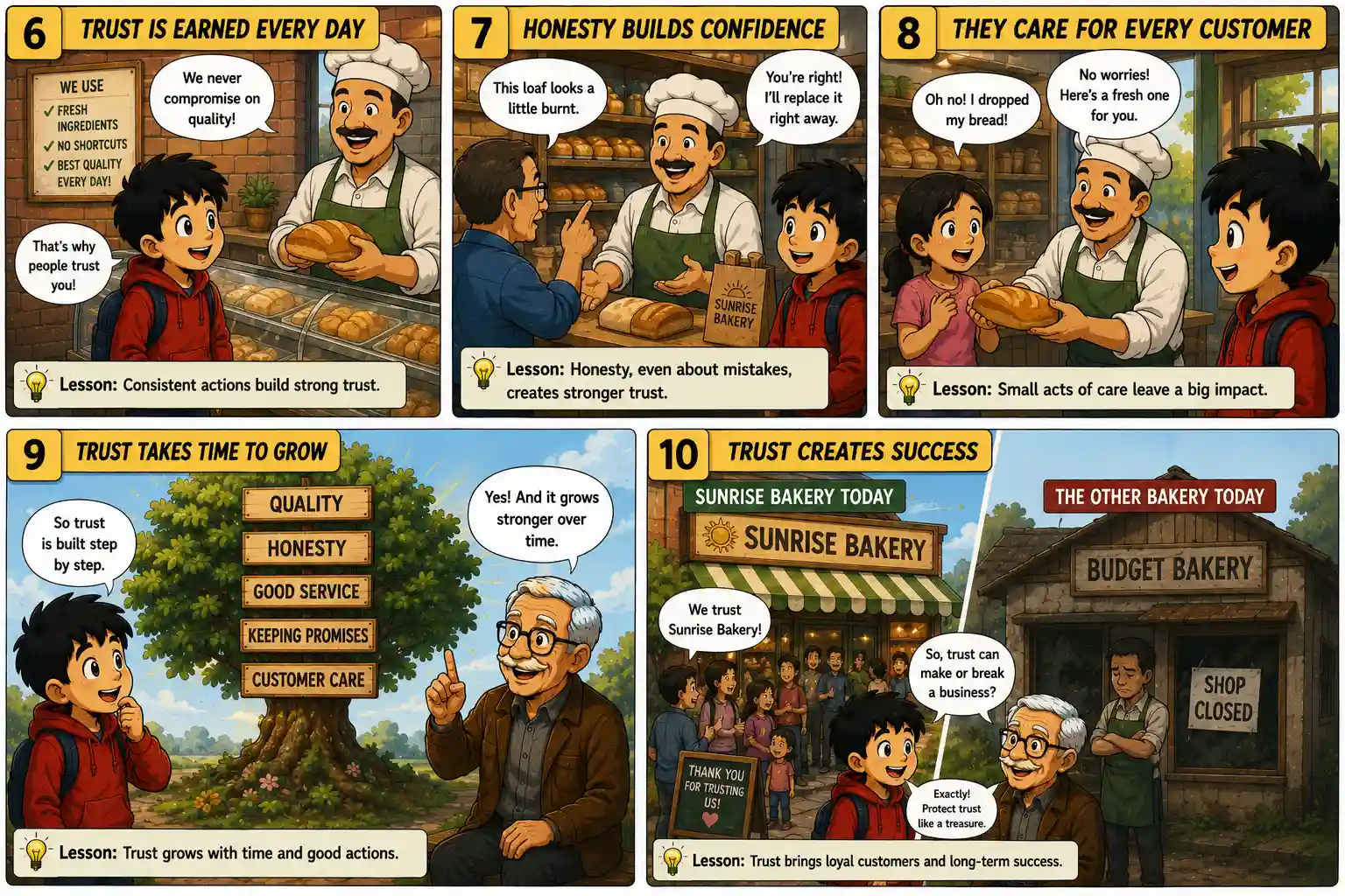 StockMaster Comics Episode 37 panels 6 to 10 illustrating how honesty, consistent quality, customer care, and keeping promises help businesses build trust and loyal customers.