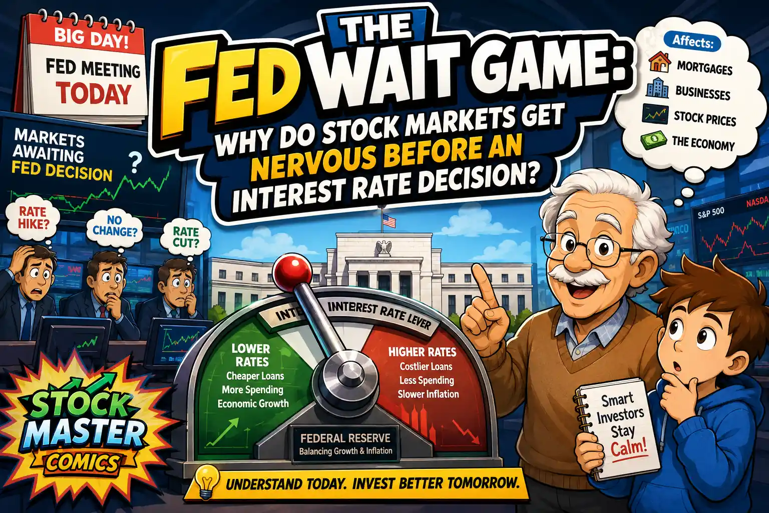StockMaster Comics hero image explaining why stock markets become nervous before a Federal Reserve interest rate decision and how interest rates affect investors, businesses, inflation, and the economy.