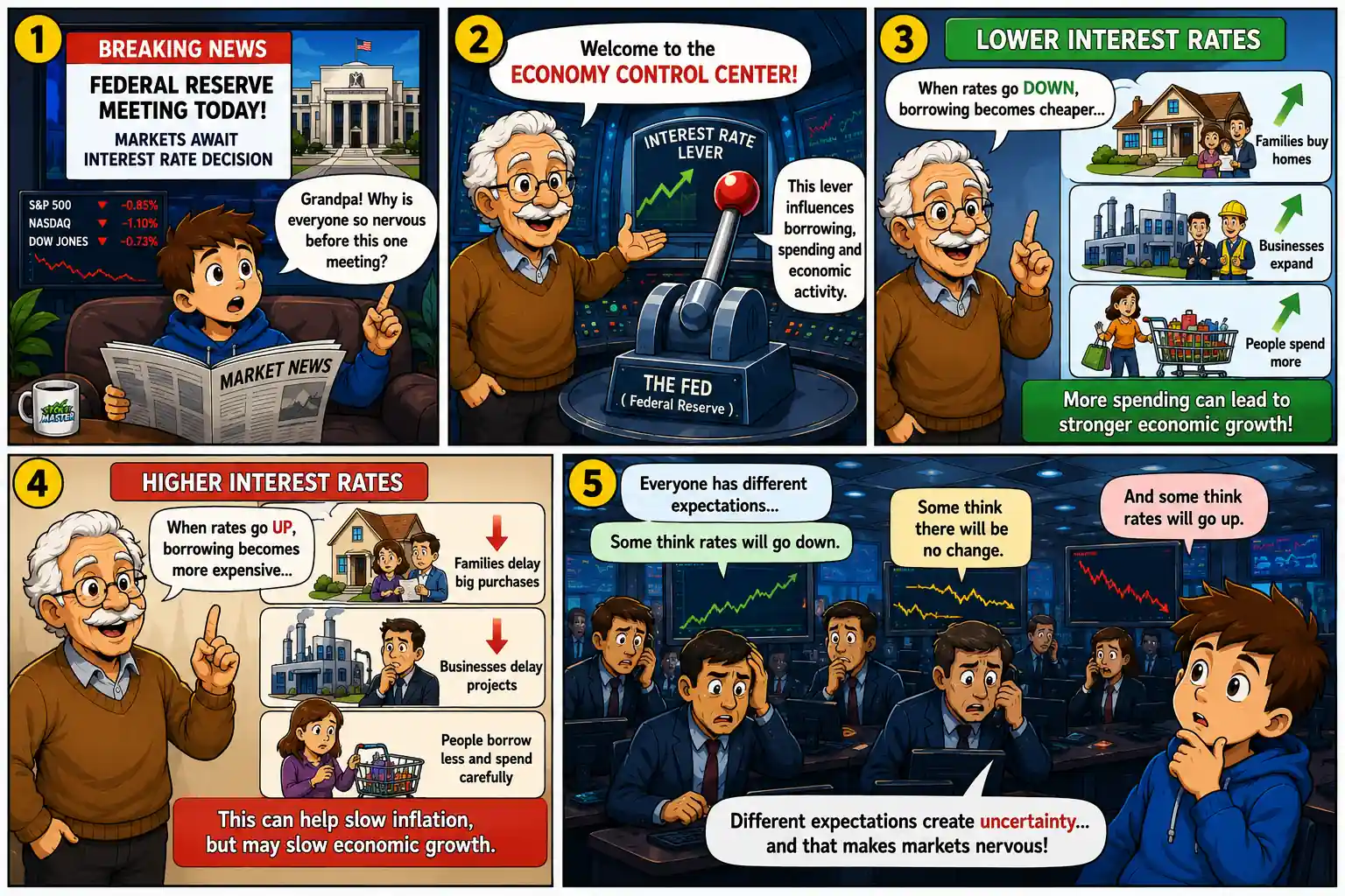 StockMaster Comics panels 1 to 5 introducing the Federal Reserve, explaining interest rates, lower and higher borrowing costs, and why investor expectations create market uncertainty before a Fed meeting.