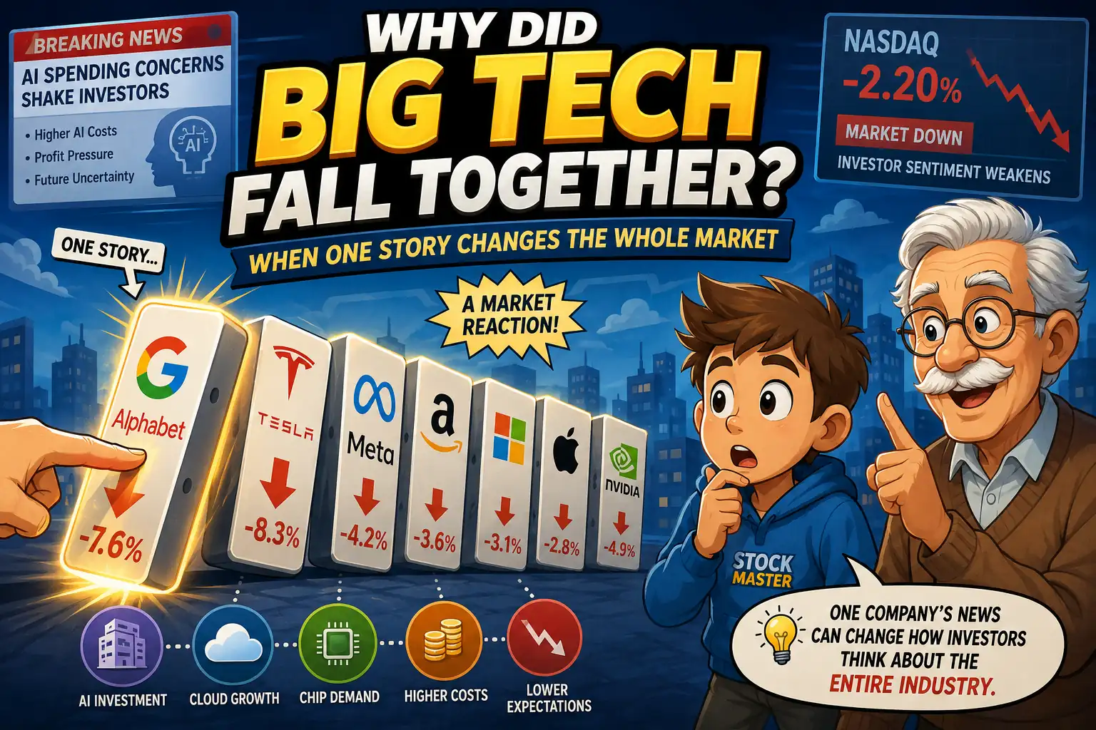 StockMaster comic hero image explaining why Big Tech stocks can fall together when one major company changes investor sentiment across the technology sector.
