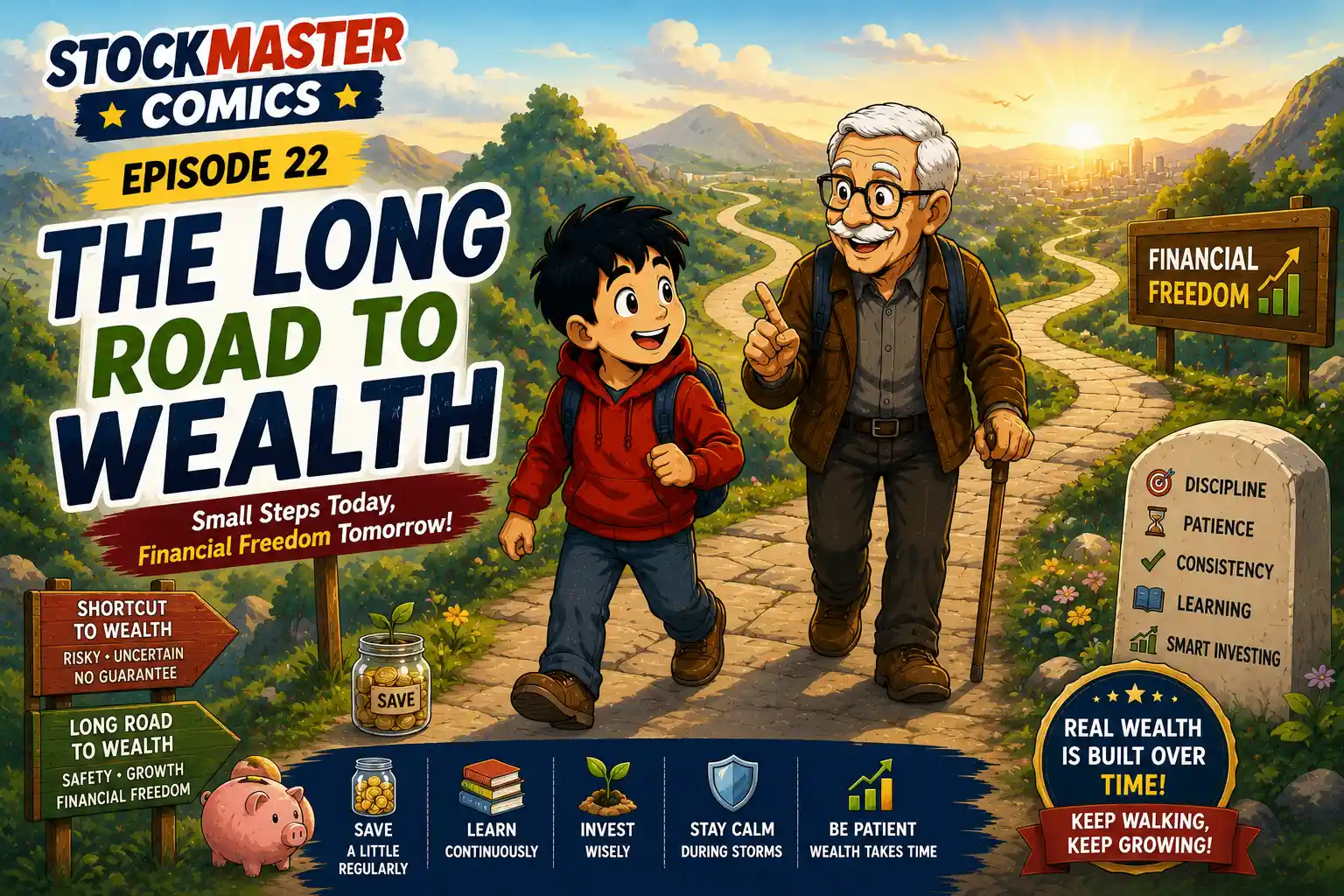 StockMaster Comics Episode 22 The Long Road to Wealth featuring Sam and Grandpa Ben walking toward financial freedom while learning patience, saving, investing, and long-term wealth creation.