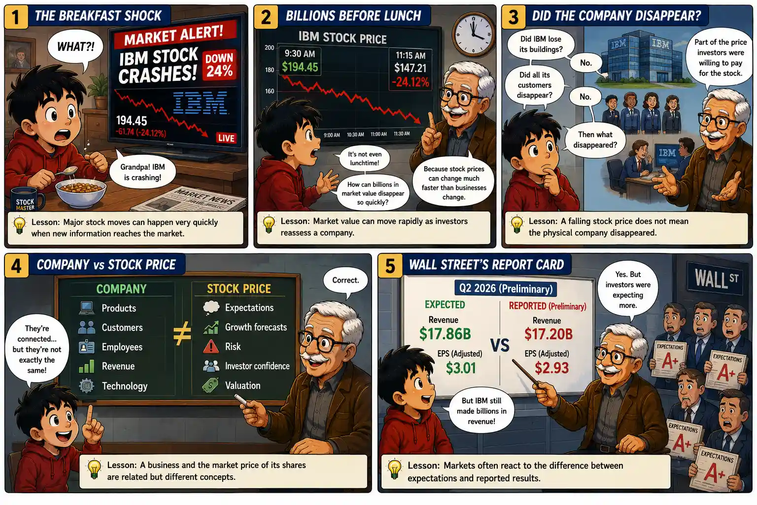 Sam and Grandpa Ben investigate the IBM stock crash, market value loss, company versus stock price and Wall Street earnings expectations.