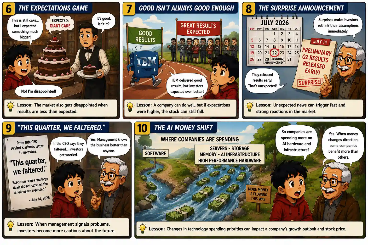StockMaster comic explains the expectations game, IBM preliminary Q2 results, management concerns and changing AI technology spending priorities.