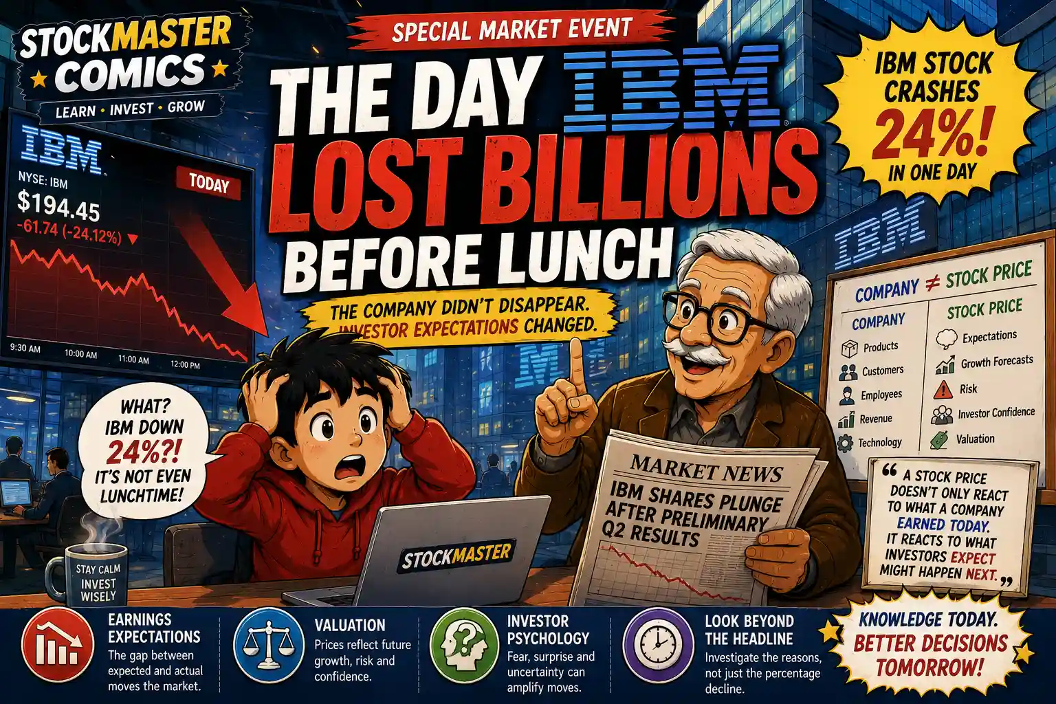 StockMaster Comics special market event explaining why IBM stock crashed 24 percent and lost billions in market value as investor expectations changed.
