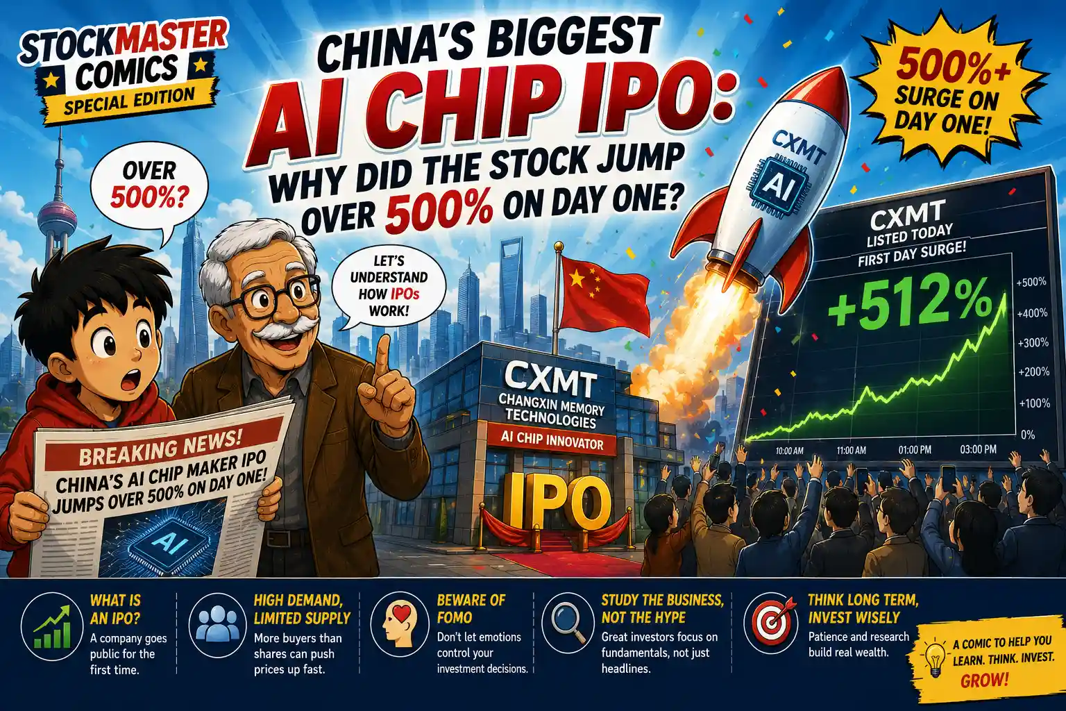 StockMaster Comics special edition hero image explaining why China's biggest AI chip IPO surged more than 500 percent on its first trading day and how IPO investing works.