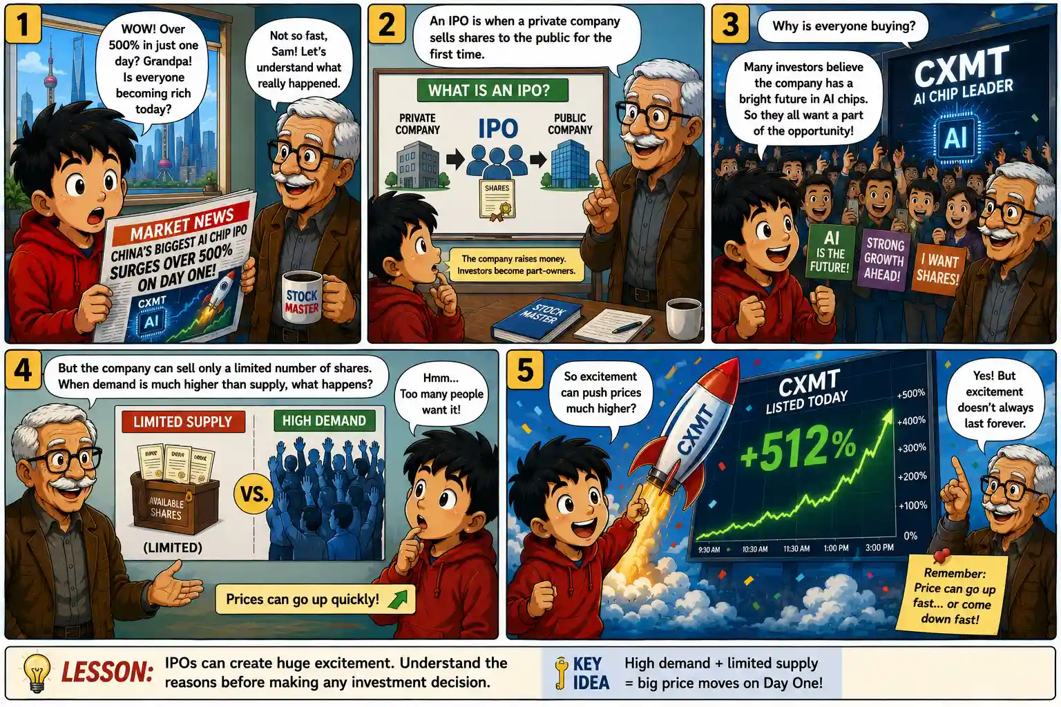 StockMaster Comics panels 1 to 5 explaining what an IPO is, why investors rushed to buy shares, and how high demand with limited supply pushed China's AI chip IPO sharply higher.