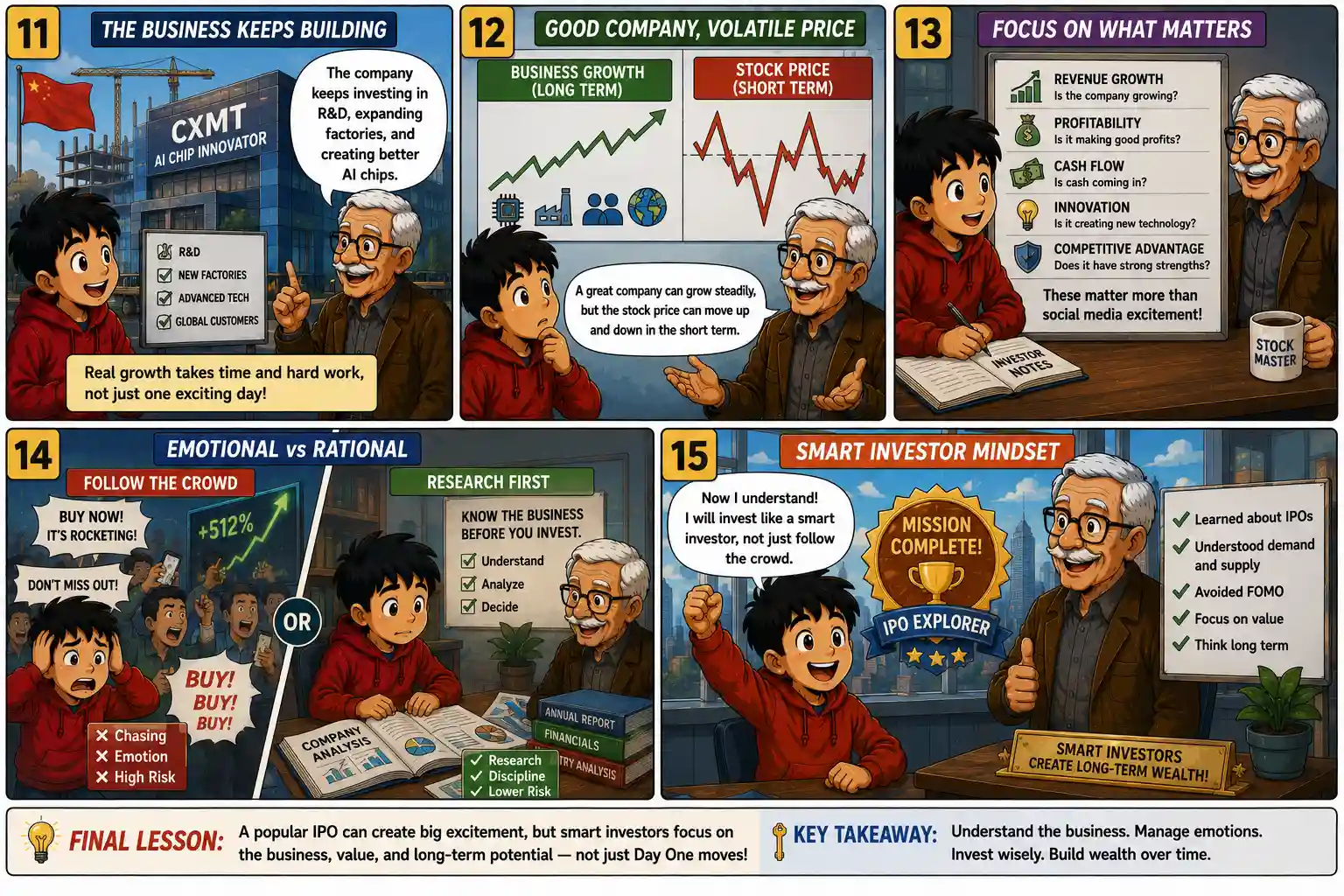 StockMaster Comics panels 11 to 15 teaching that successful businesses grow through innovation, research, discipline, and long-term investing rather than chasing market excitement.