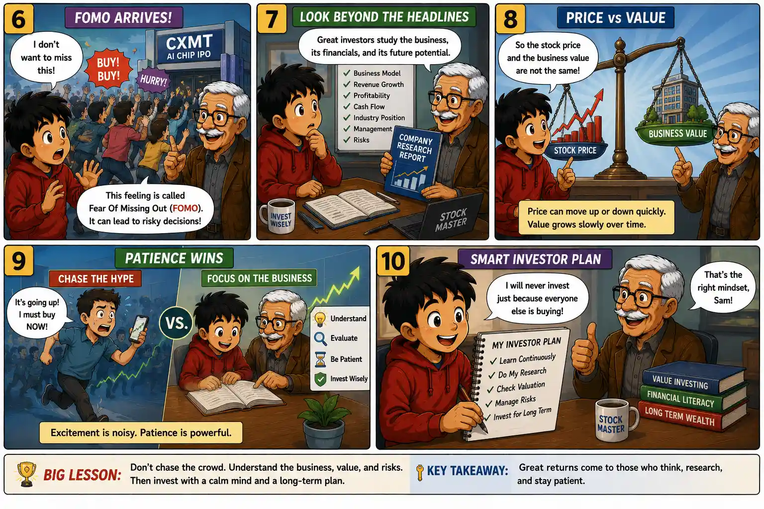 StockMaster Comics panels 6 to 10 showing FOMO, business research, price versus value, patient investing, and building a smart long-term investment plan after a major IPO.