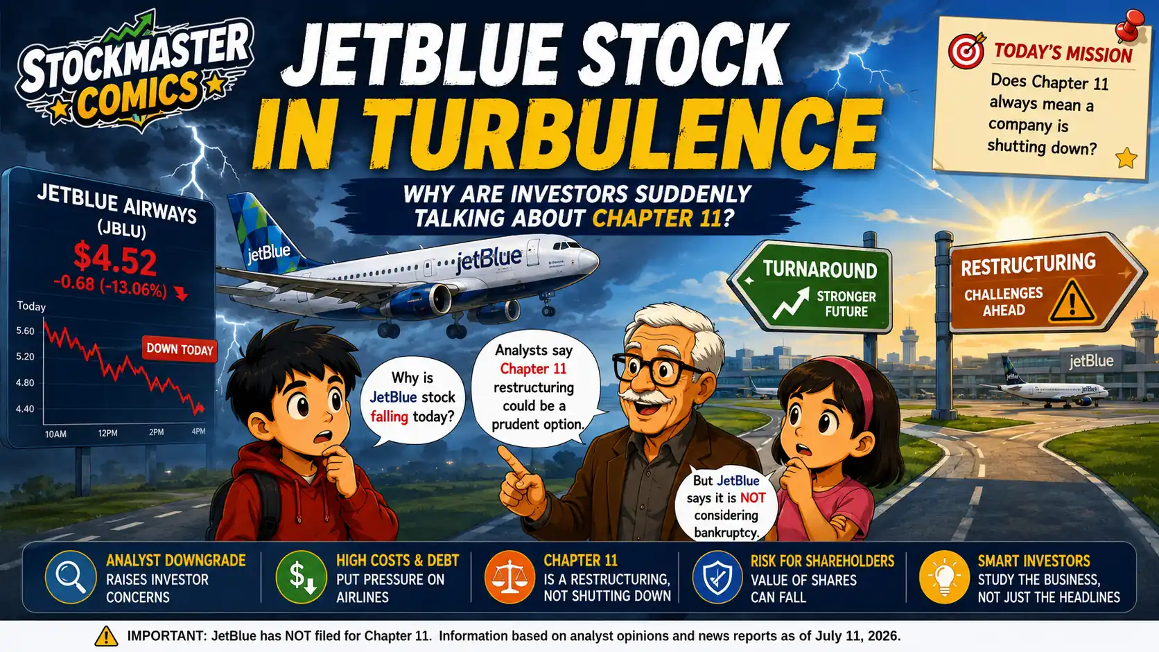 JetBlue stock in turbulence comic explaining why investors are discussing financial pressure, analyst concerns and possible Chapter 11 restructuring.