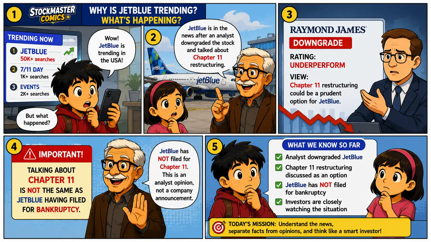JetBlue stock comic panels 1–5 explaining why JetBlue is trending, investor concerns and the difference between Chapter 11 discussion and an actual bankruptcy filing.