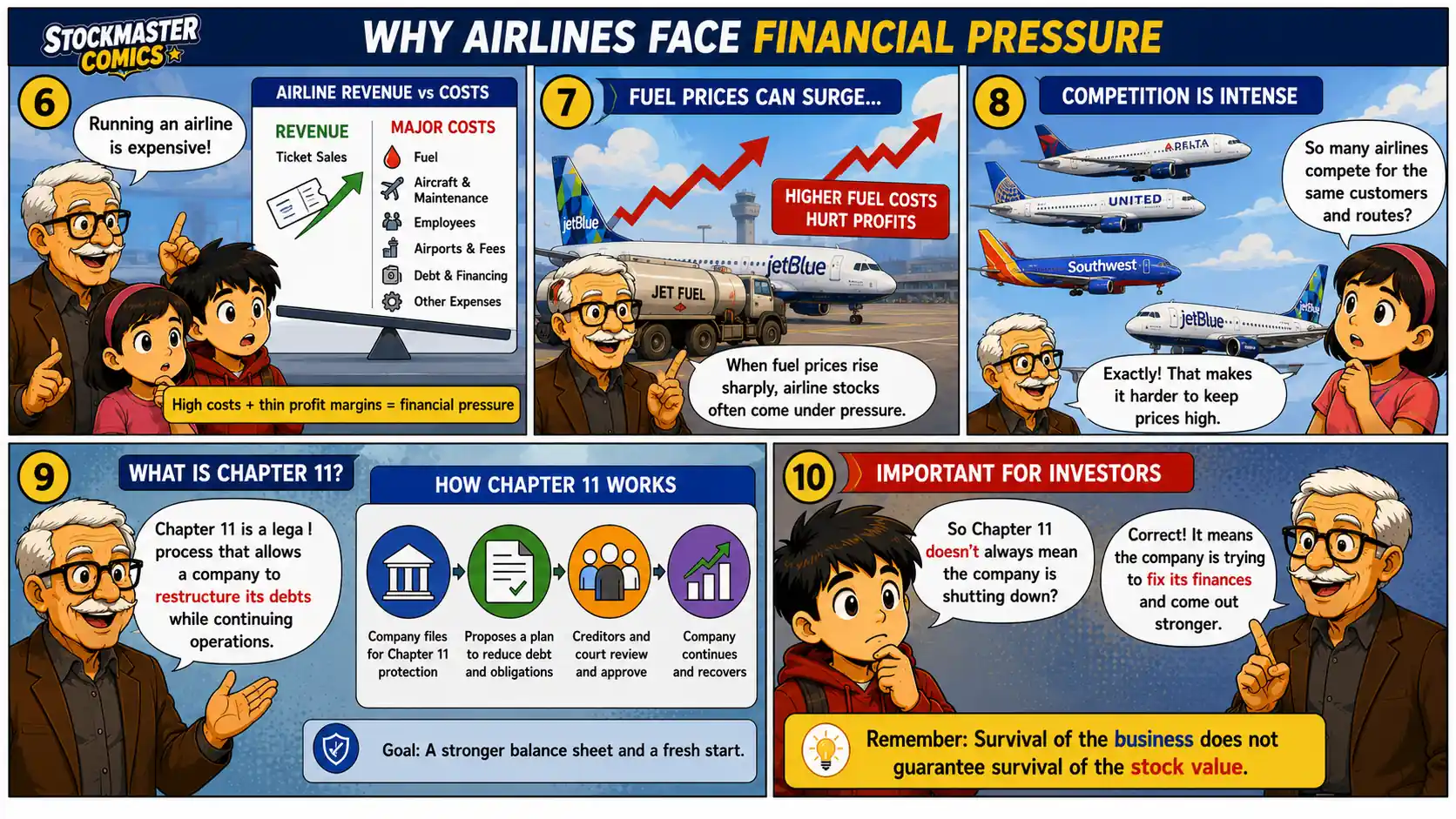 JetBlue comic panels 6–10 explaining airline financial pressure, rising fuel costs, intense competition and how Chapter 11 restructuring works.
