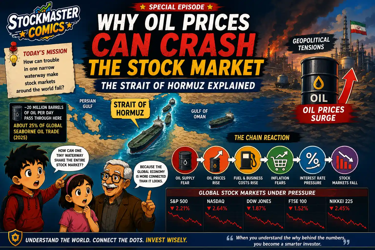 StockMaster Comics special episode explaining why oil prices can crash the stock market and how disruption in the Strait of Hormuz can affect global oil prices, inflation, interest rates and stock markets.