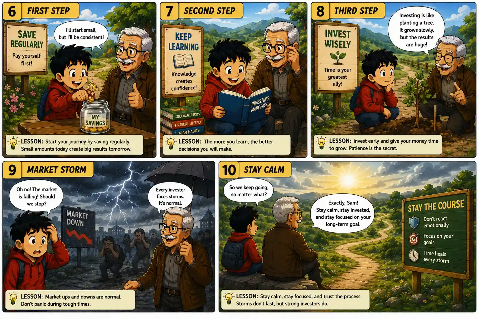 StockMaster Comics Episode 22 panels 6 to 10 explaining saving regularly, continuous learning, investing wisely, handling market downturns, and staying focused on long-term financial goals.