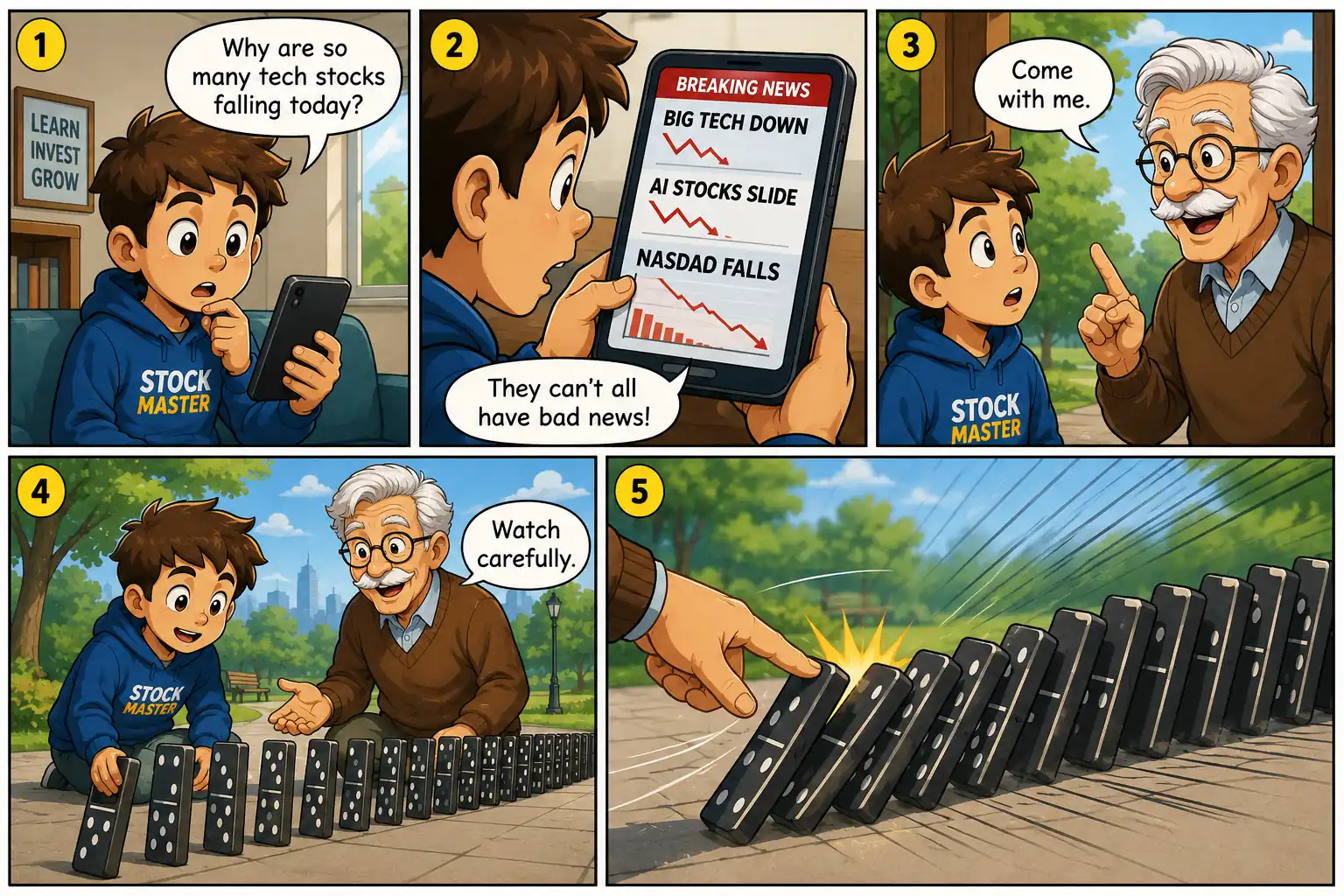 StockMaster comic panels 1–5 where Sam notices Big Tech stocks falling, Grandpa Ben introduces the domino analogy, and demonstrates how one event can trigger a chain reaction in the stock market.