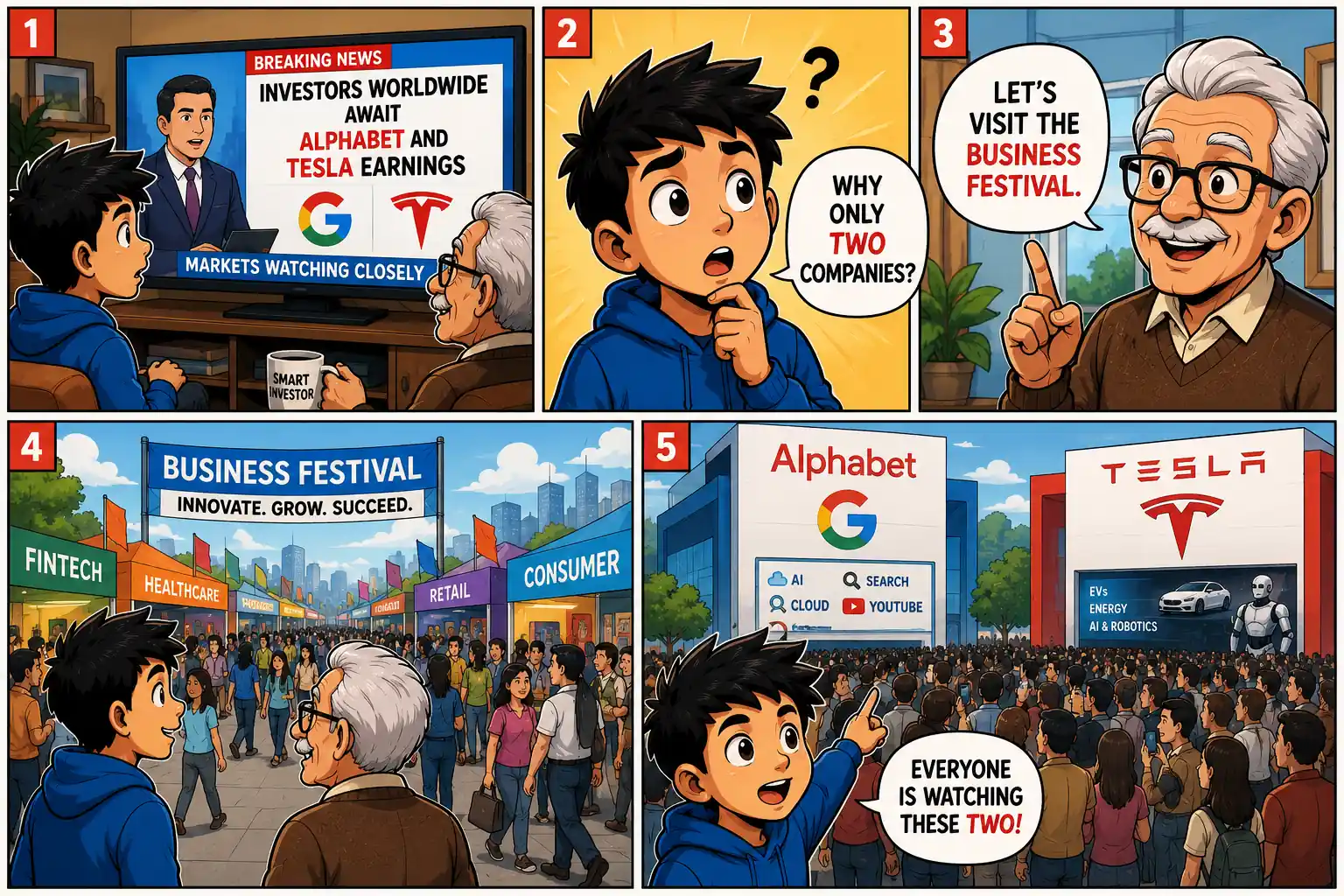 Sam watches news about Alphabet and Tesla earnings before visiting a business festival with Grandpa Ben to discover why investors focus on two major companies.