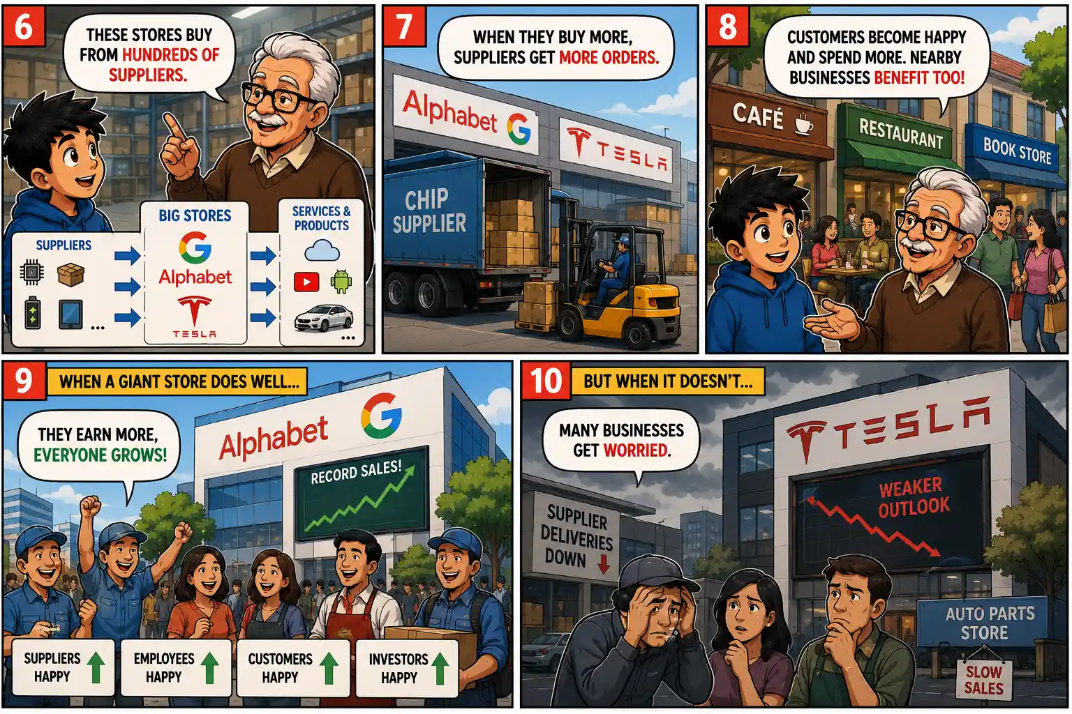 Grandpa Ben explains how large companies support suppliers, customers, employees, and nearby businesses, showing how one company's success or weakness affects the wider economy.
