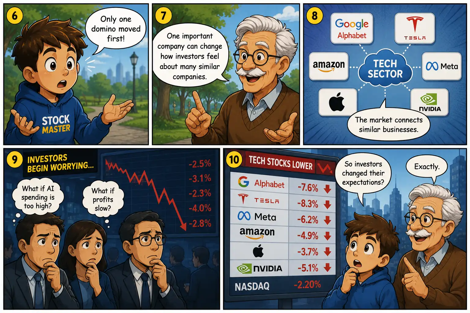 StockMaster comic panels 6–10 explaining how one major technology company can influence investor sentiment, causing related tech stocks and the Nasdaq to fall together.