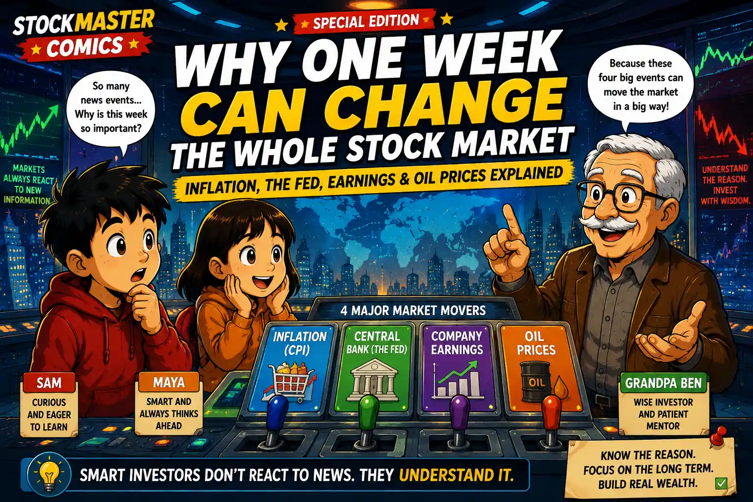 StockMaster Comics special edition hero showing Sam, Maya and Grandpa Ben inside the Market Control Room explaining inflation, central bank decisions, company earnings and oil prices.
