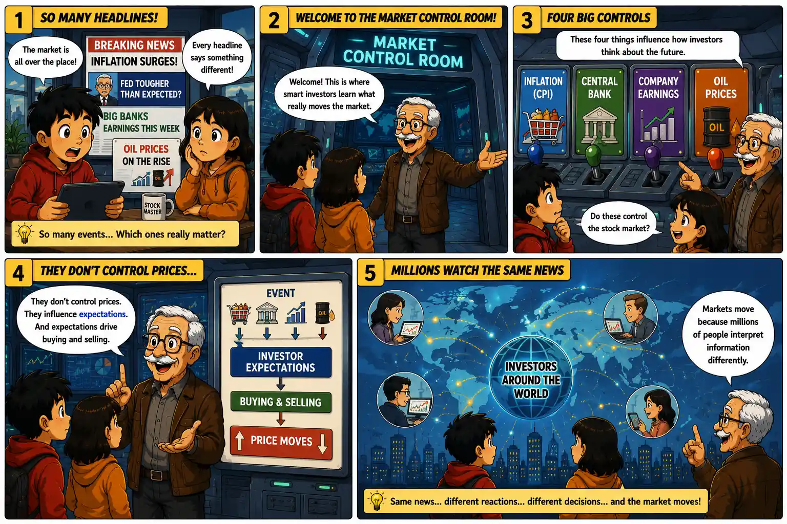 StockMaster Comics showing Sam discovering why inflation, company earnings, oil prices and central bank decisions influence stock market movements.