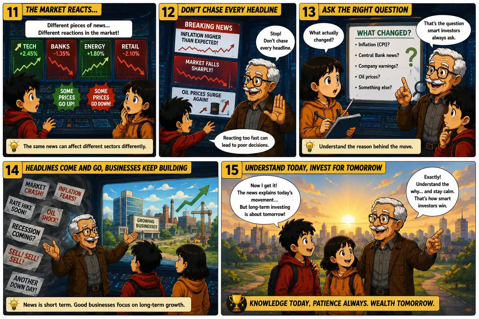 Sam learns that smart investors understand market news instead of reacting emotionally to daily stock market volatility in StockMaster Comics.