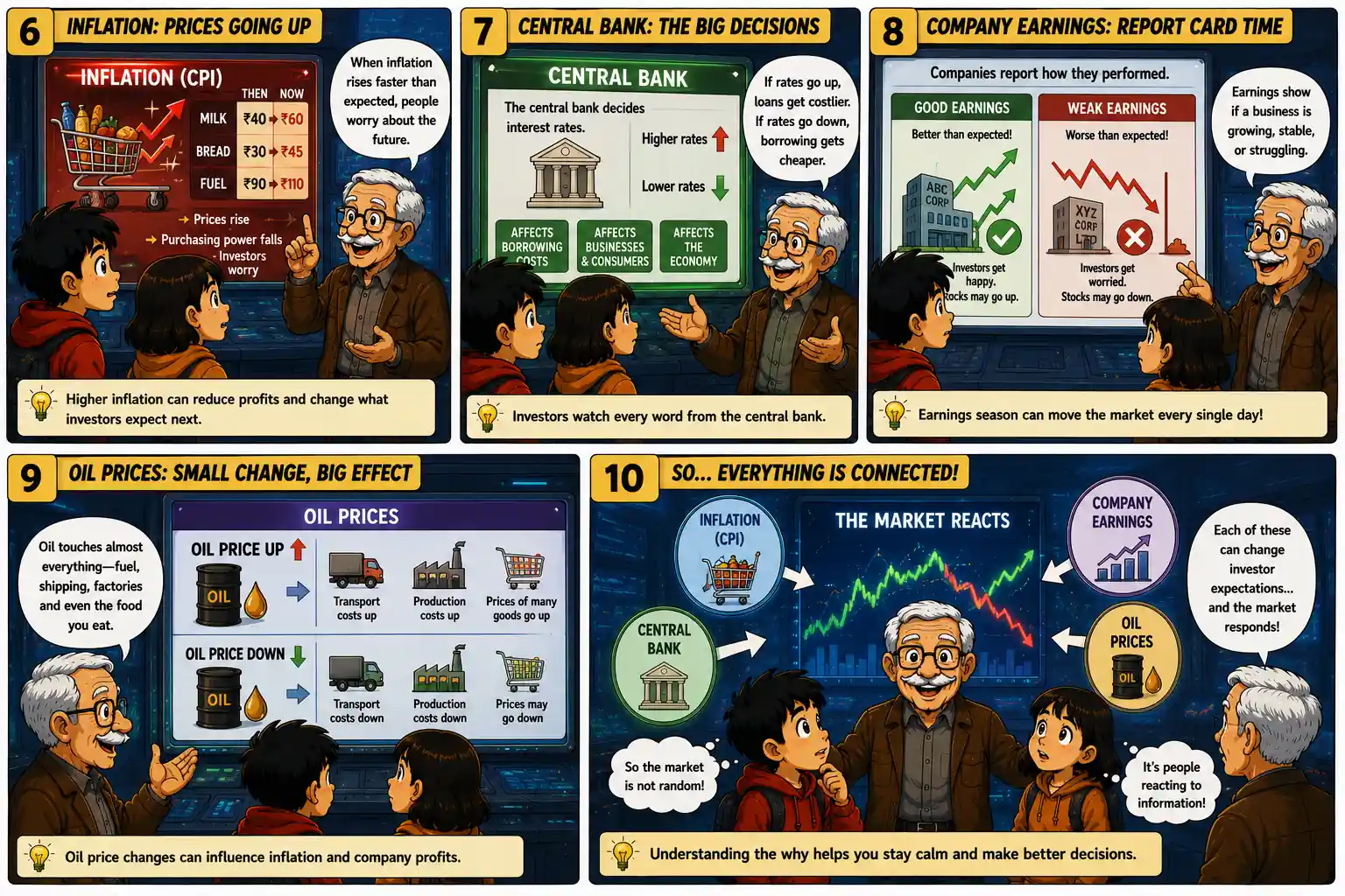 Grandpa Ben explains inflation, interest rates, company earnings and oil prices through the Market Control Room in StockMaster Comics.