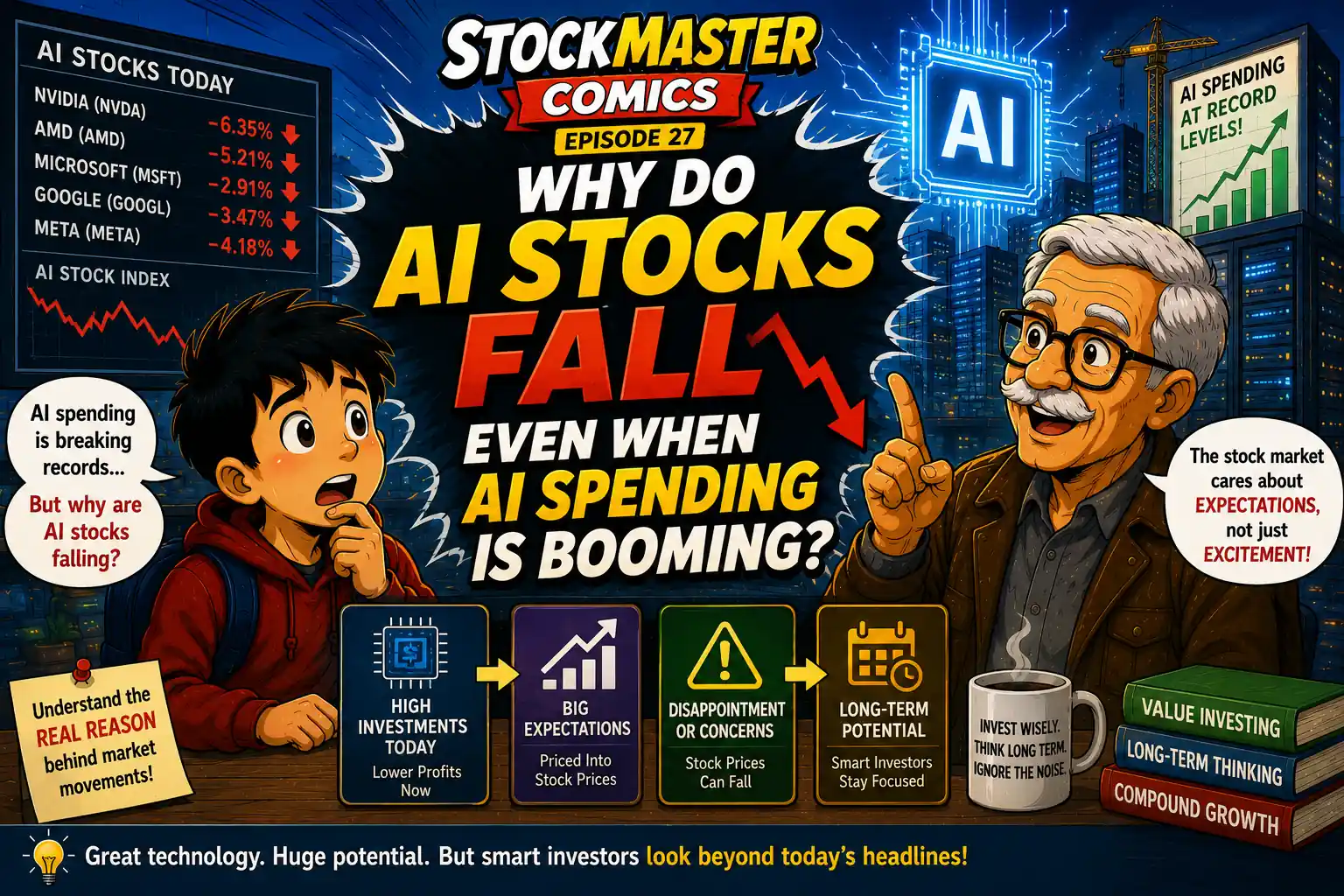 StockMaster Comics hero image explaining why AI stocks can fall even when AI spending is booming, featuring Sam and Grandpa Ben discussing market expectations, AI investments, valuations, and long-term investing.