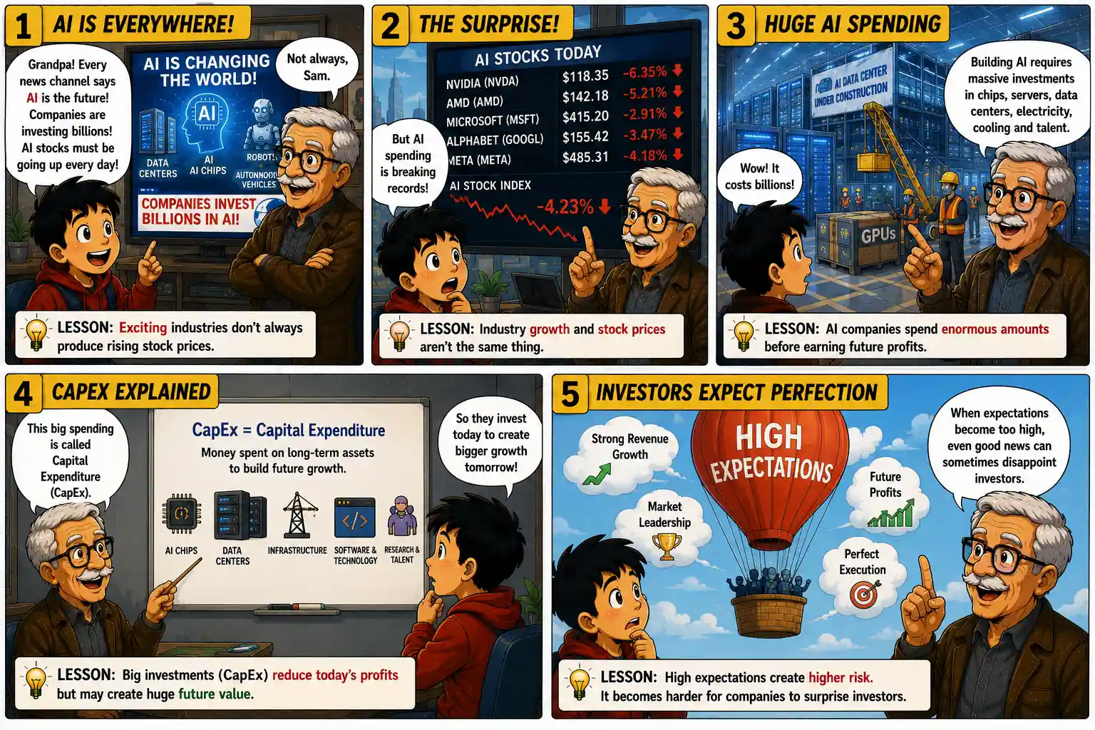 StockMaster Comics panels 1 to 5 explaining AI industry growth, falling AI stocks, massive AI infrastructure spending, capital expenditure (CapEx), and why high investor expectations increase market risk