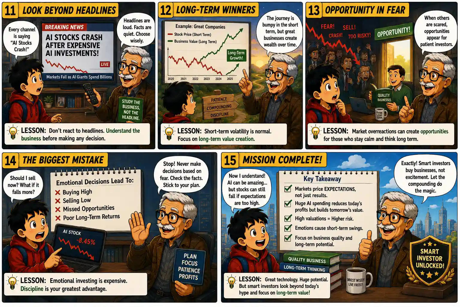 StockMaster Comics panels 11 to 15 teaching investors to ignore market headlines, focus on long-term investing, find opportunities during fear, avoid emotional decisions, and invest in quality businesses rather than hype.