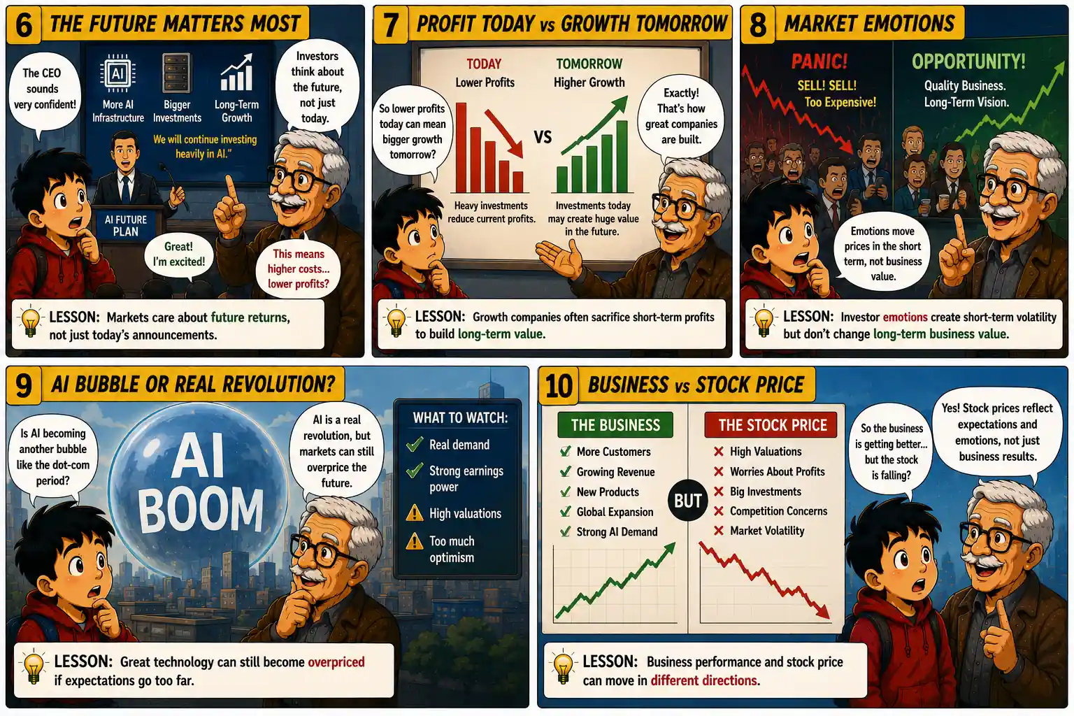 StockMaster Comics panels 6 to 10 showing AI company guidance, future growth versus current profits, investor emotions, AI bubble concerns, and the difference between business performance and stock prices.