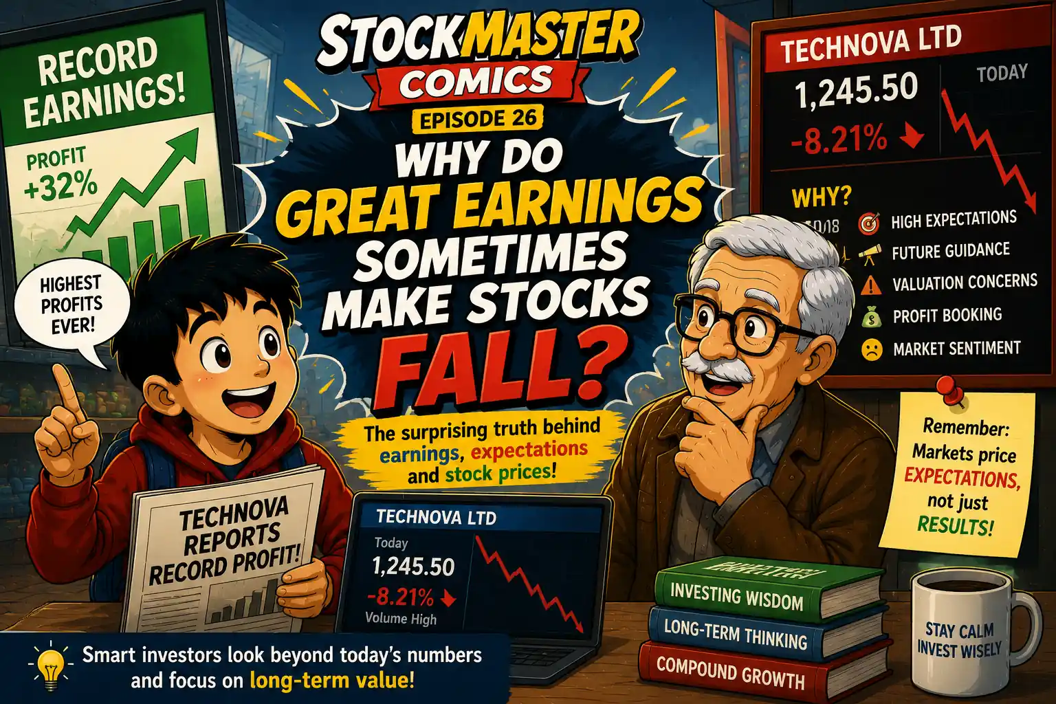 StockMaster Comics Episode 26 hero image explaining why great company earnings can still make stock prices fall due to market expectations, future guidance, valuations, and investor psychology.