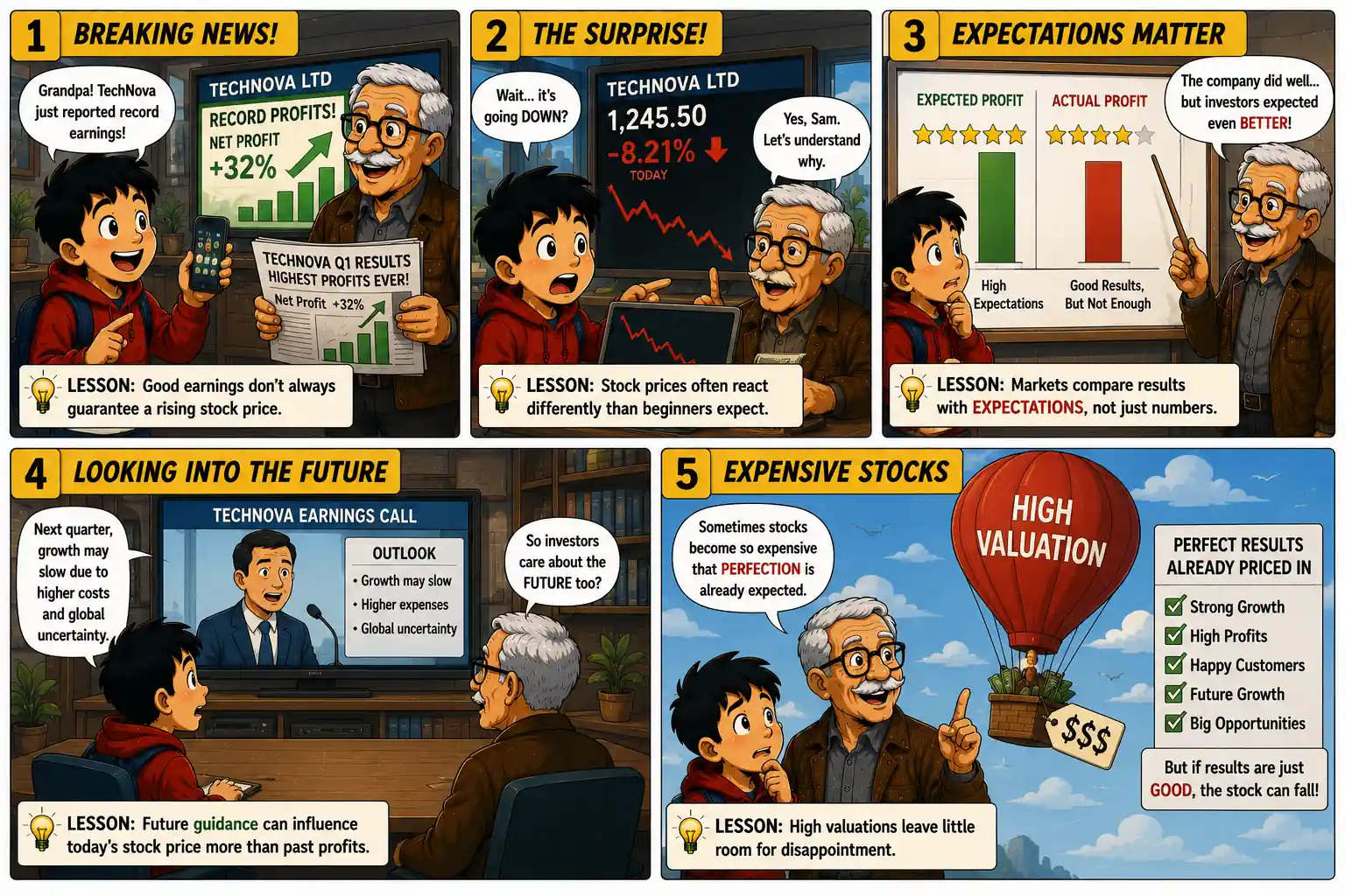 StockMaster Comics Episode 26 panels 1–5 showing record earnings, a surprising stock price drop, investor expectations, earnings guidance, and how high valuations affect stock prices.