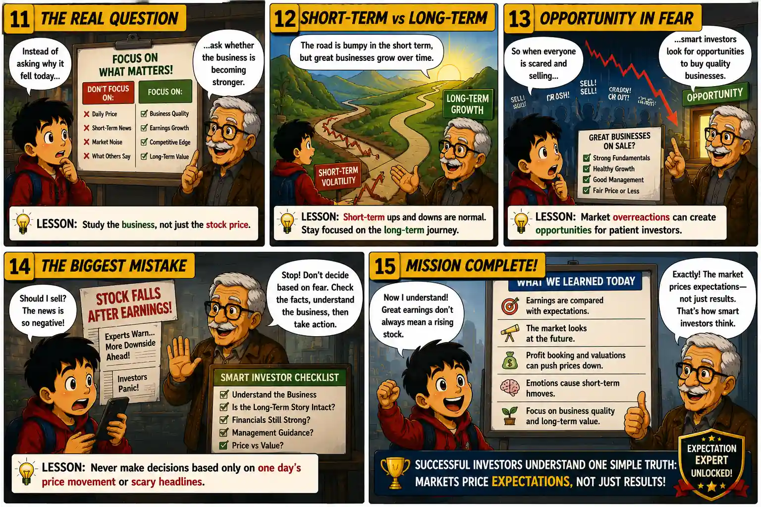 StockMaster Comics Episode 26 panels 11–15 illustrating business fundamentals, short-term volatility, investment opportunities during market fear, avoiding emotional decisions, and why markets price expectations instead of past results.