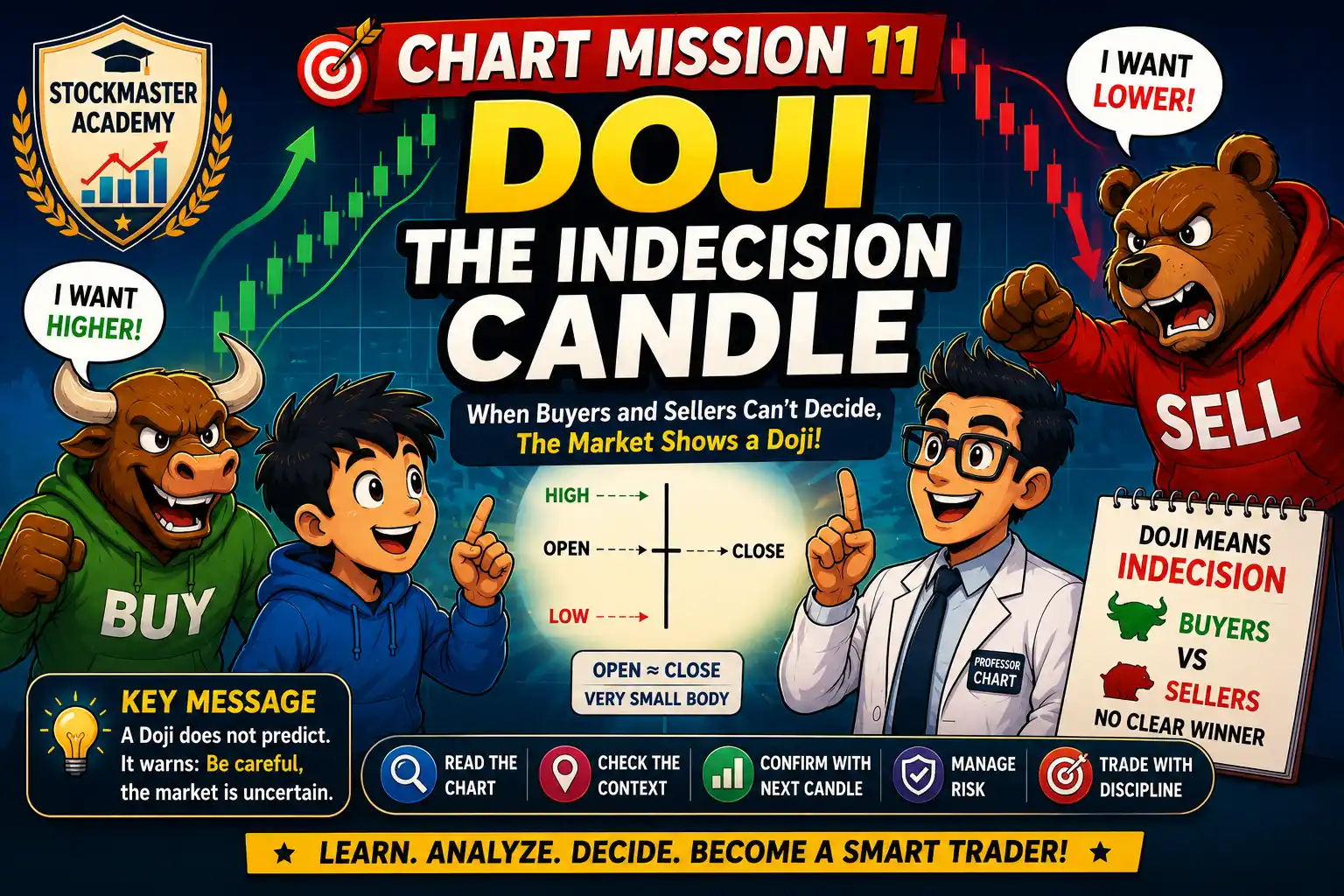 Chart Mission 11 Doji the indecision candle explaining how buyers and sellers create a Doji candlestick