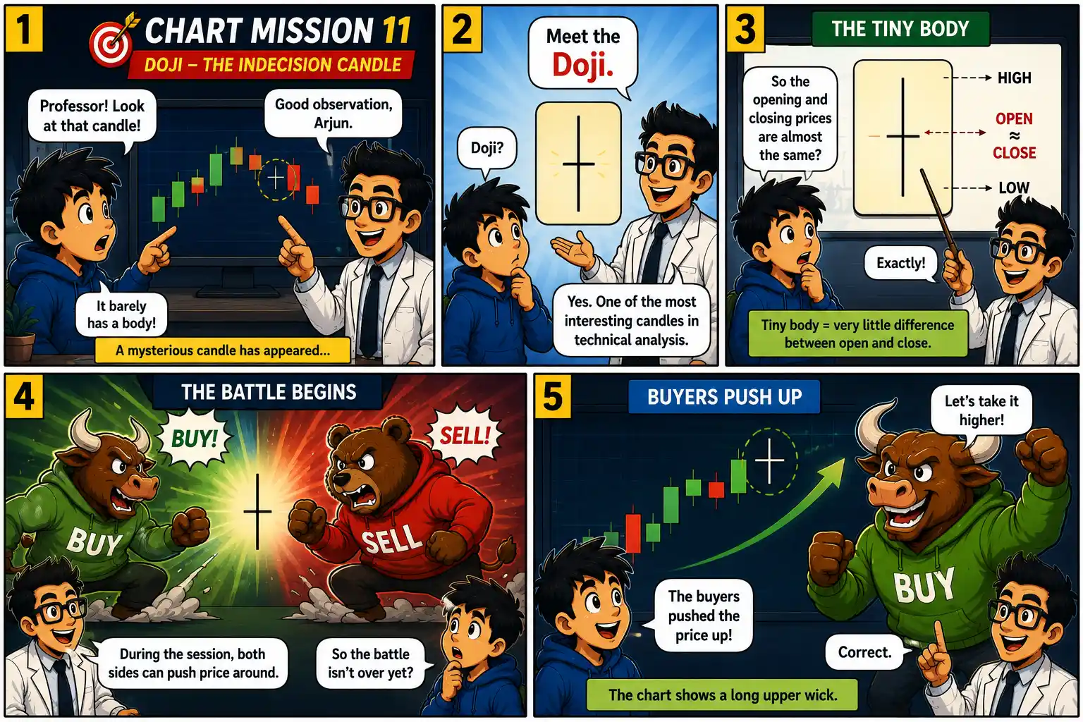 Chart Mission 11 panels 1 to 5 introducing the Doji candlestick and explaining its tiny body and open and close prices