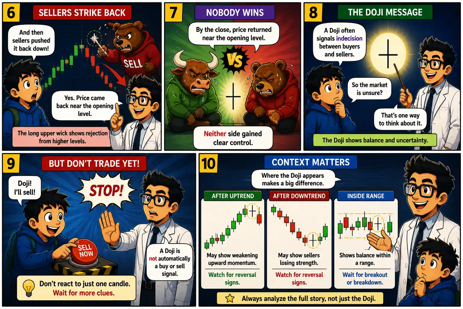 Chart Mission 11 panels 6 to 10 showing sellers striking back, market indecision, and why Doji context matters