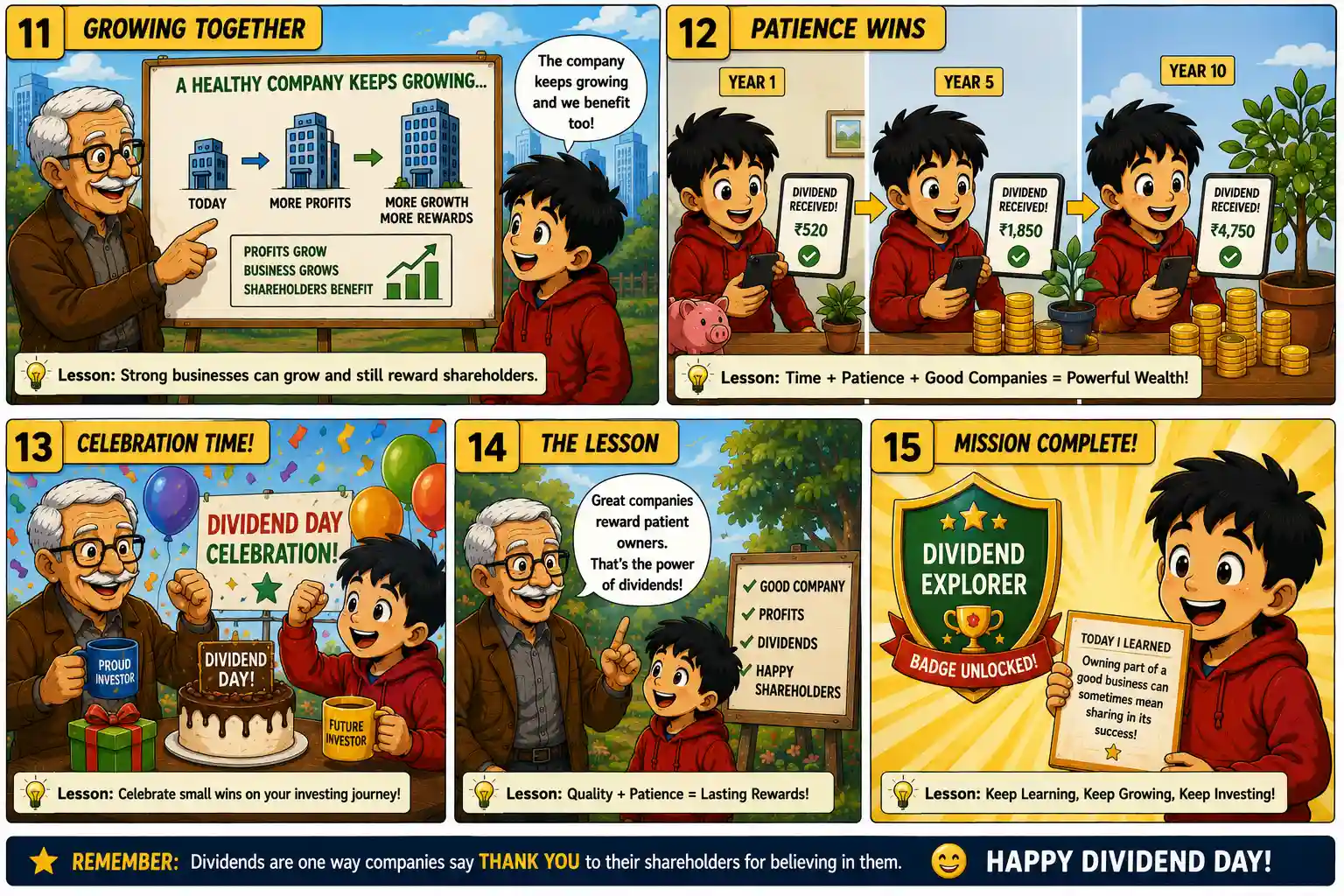 StockMaster Comics Episode 38 panels 11–15 showing company growth, dividend rewards, patience, long-term investing, and the Dividend Explorer achievement badge.