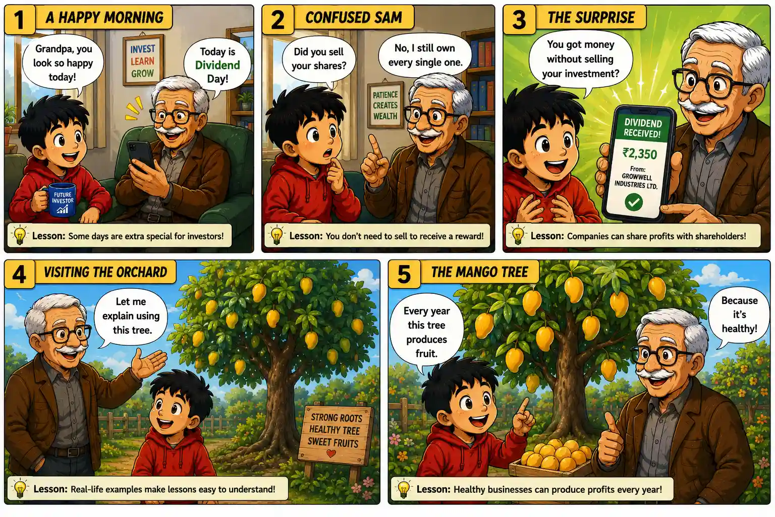 StockMaster Comics Episode 38 panels 1–5 showing Sam discovering Dividend Day and learning how profitable companies share earnings with shareholders.