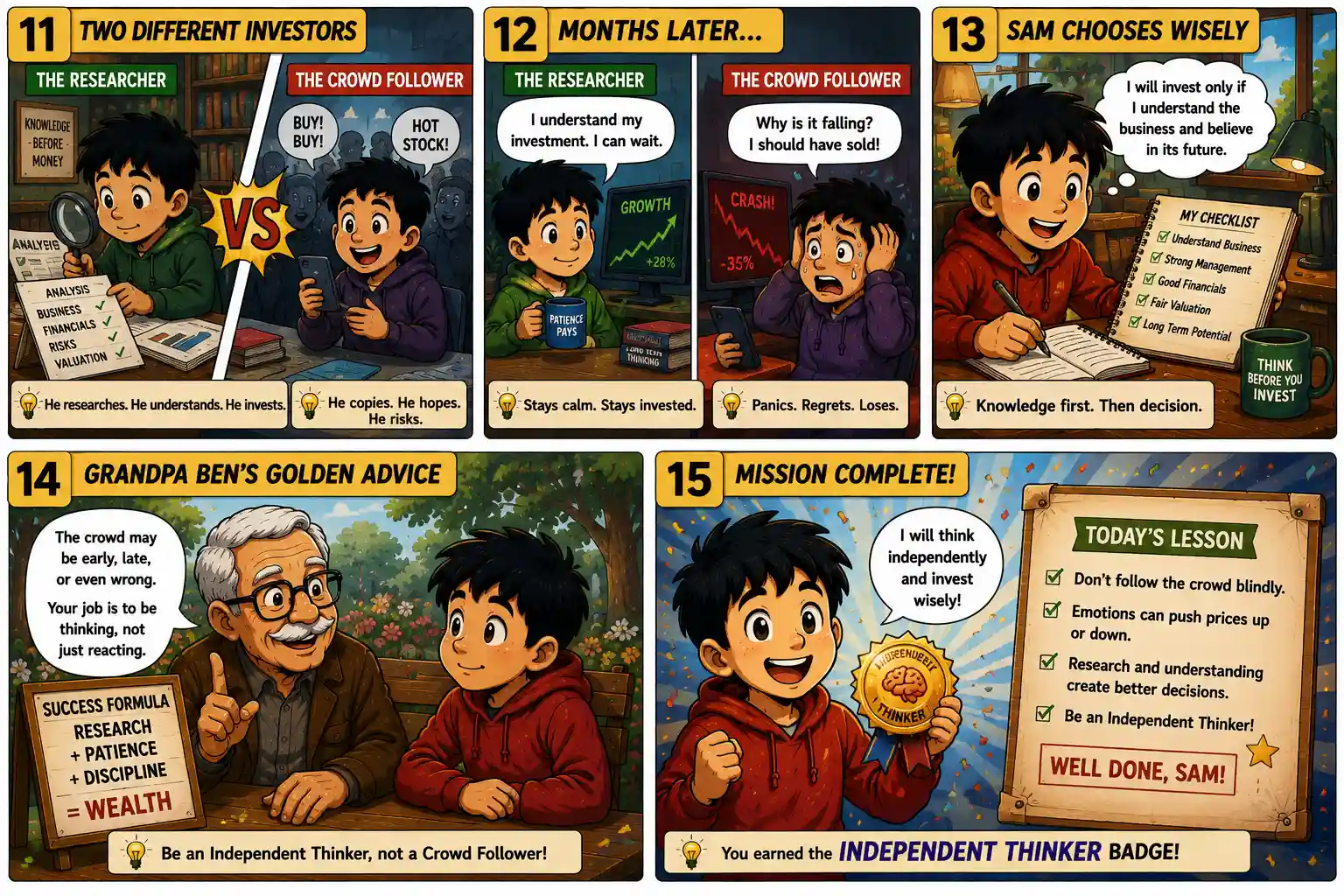 Episode 44 comic panels 11 to 15 comparing research-based investing with crowd following, ending with Sam earning the Independent Thinker badge and learning to invest wisely.