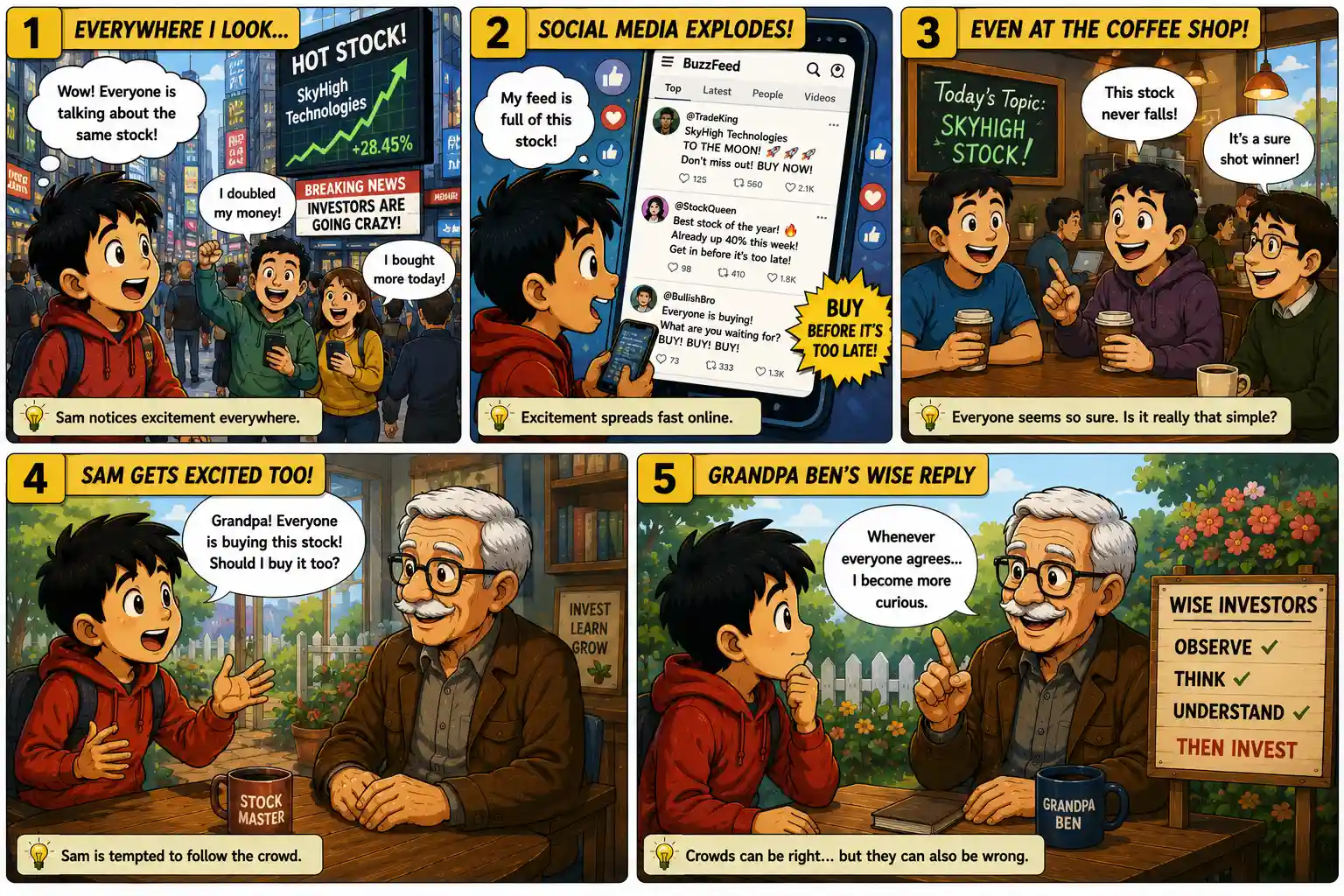 Episode 44 comic panels 1 to 5 showing Sam seeing everyone buying the same stock, social media excitement, and Grandpa Ben introducing the dangers of herd mentality.