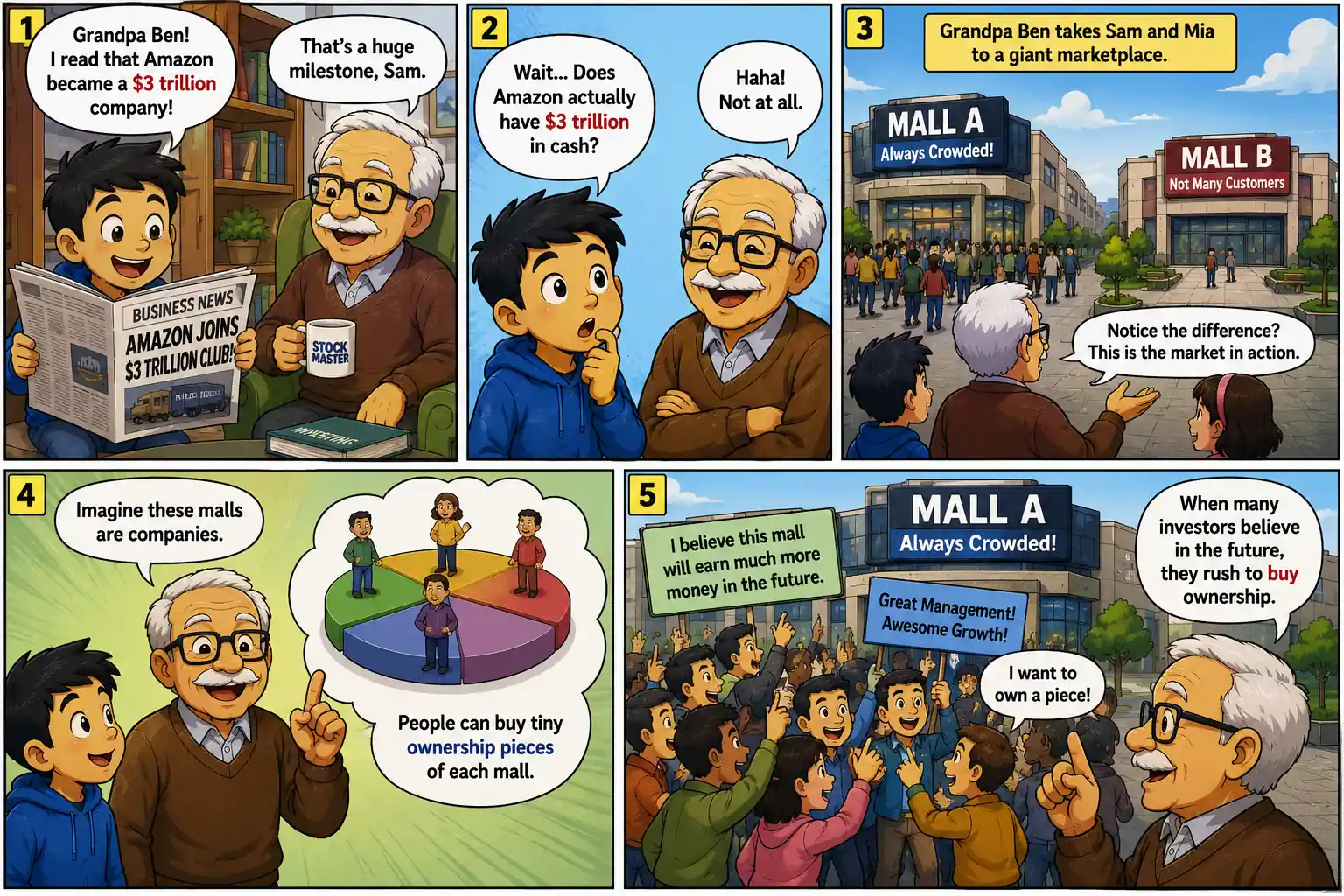 StockMaster comic panels introducing Amazon's $3 trillion valuation and the basics of market capitalization.