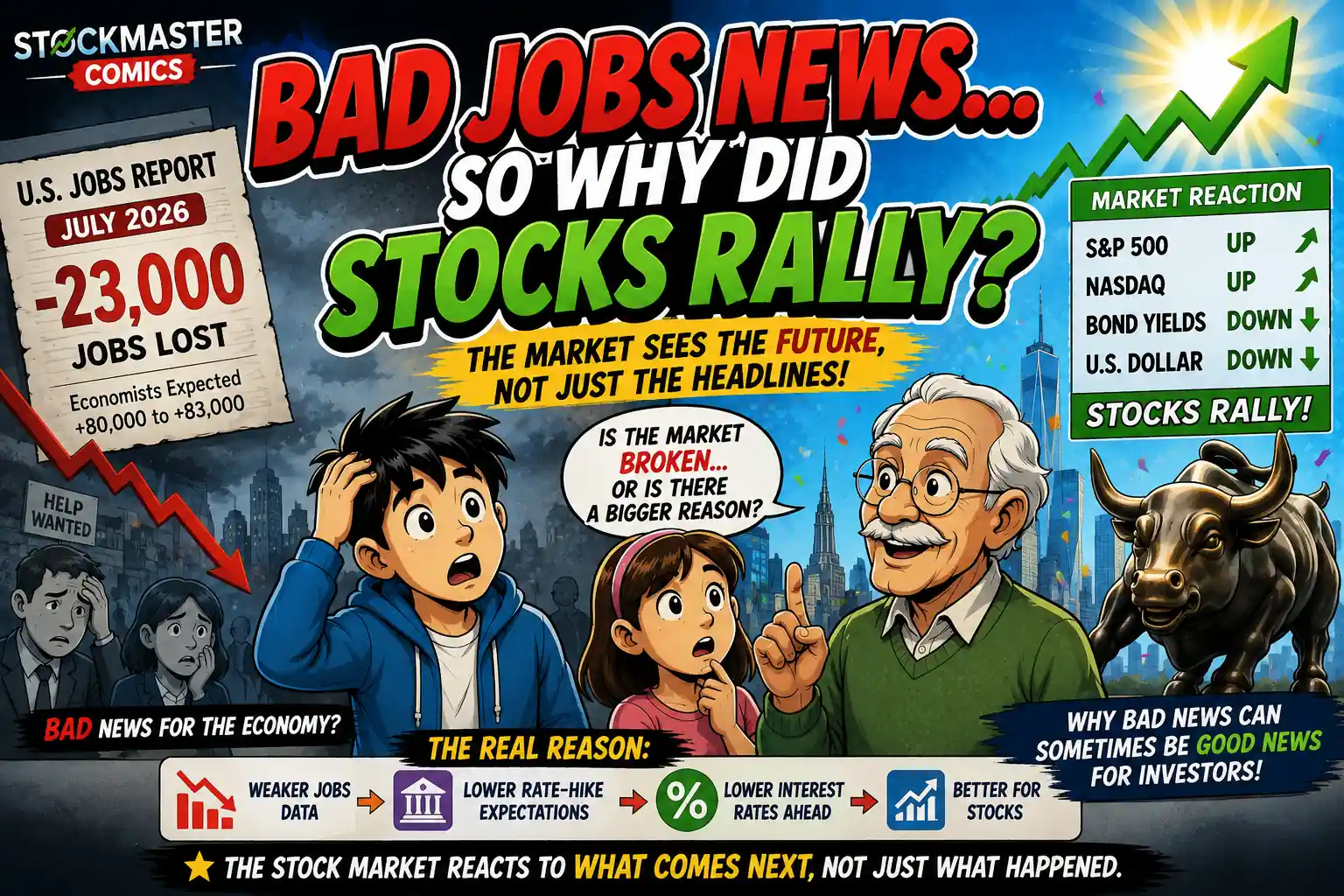 Bad jobs news and stock market rally comic explaining why weak employment data can support lower interest rate expectations.