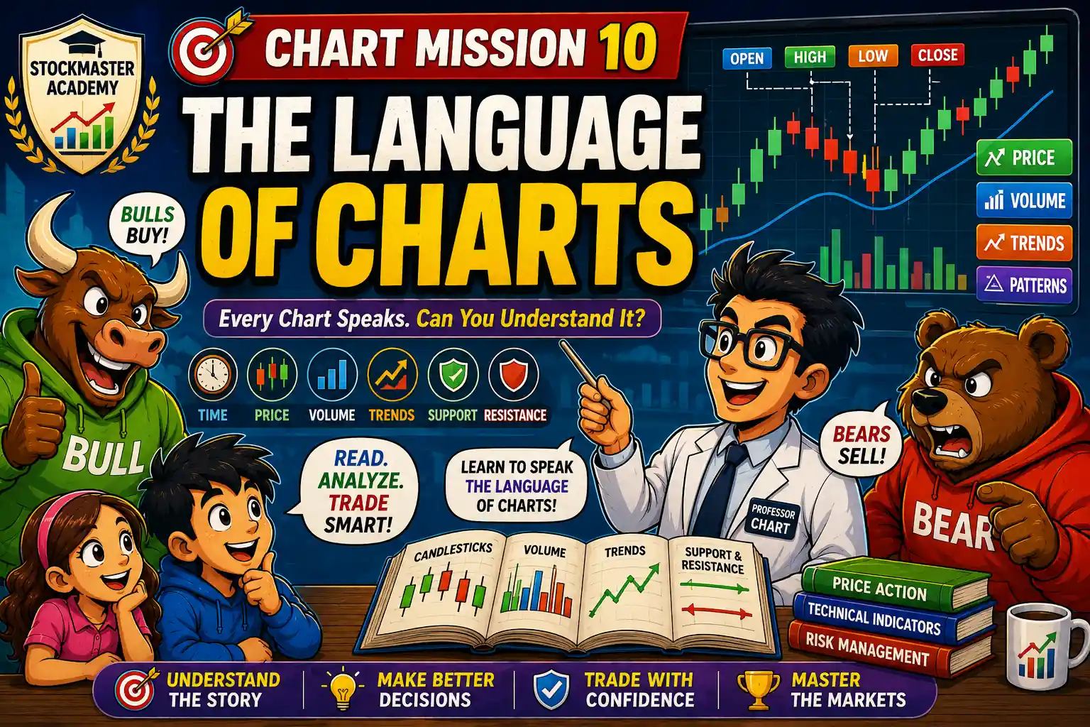 Chart Mission 10 – The Language of Charts hero image featuring Professor Chart teaching candlesticks, price, volume, trends, support, resistance and technical analysis basics.