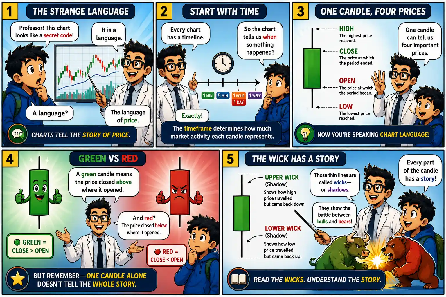 Chart Mission 10 comic panels 1 to 5 explaining the language of stock charts, timeframes, candlesticks, open high low close prices, green and red candles, and candle wicks.