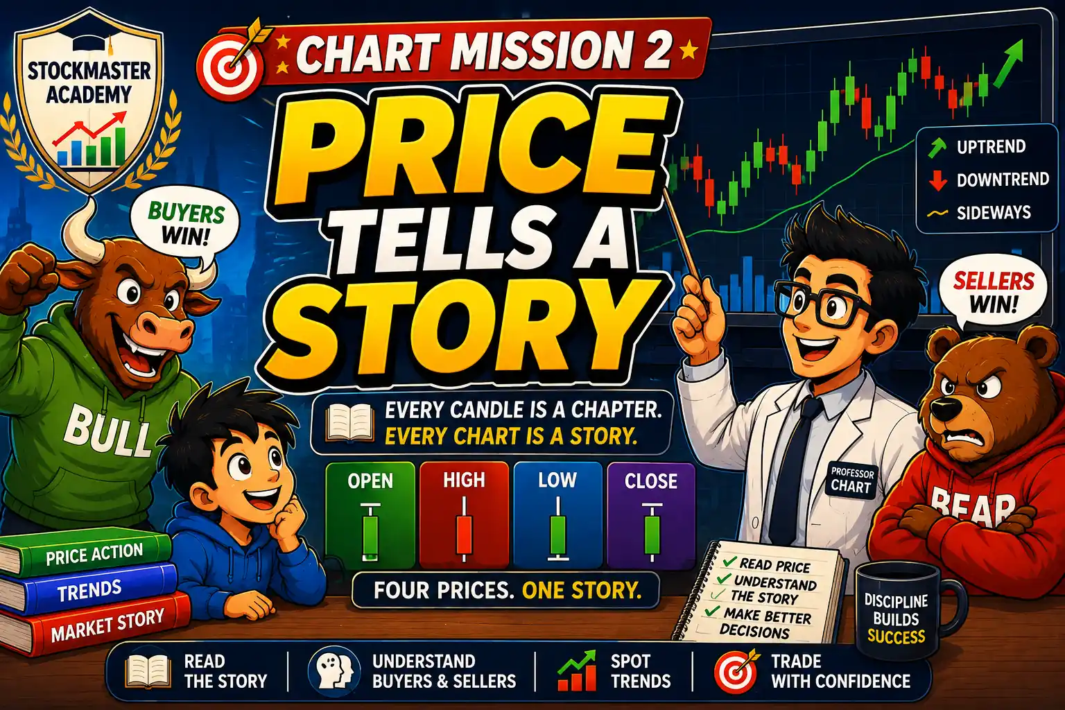 Chart Mission 2 – Price Tells a Story hero image featuring Professor Chart explaining how price action and candlesticks reveal the story of buyers and sellers in the stock market.