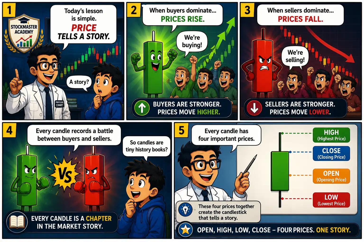 Chart Mission 2 comic panels 1 to 5 introducing how price tells a story, buyers versus sellers, candlestick battles, and the four candlestick prices: open, high, low, and close.
