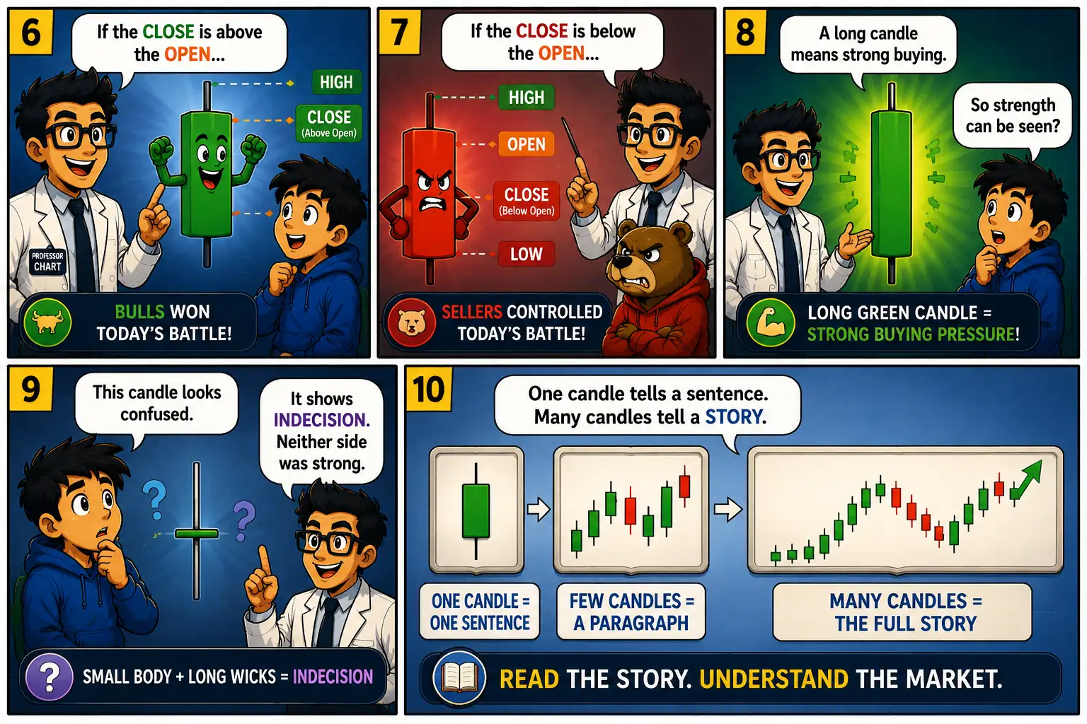 Chart Mission 2 comic panels 6 to 10 explaining bullish and bearish candlesticks, buying pressure, indecision candles, and how multiple candlesticks reveal the market story.
