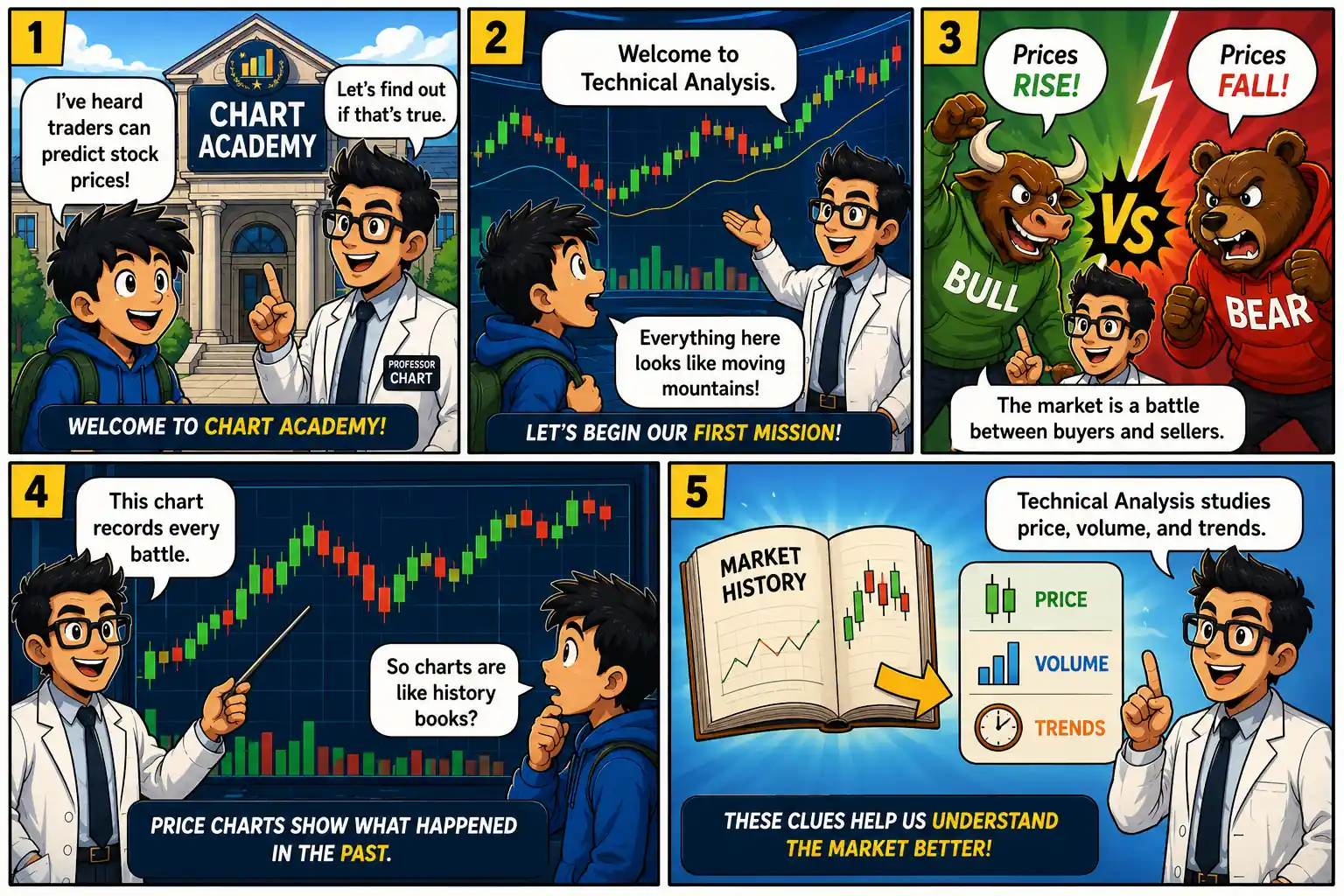 Chart Mission 1 comic panels 1 to 5 introducing technical analysis, Chart Academy, market battles, price charts, and the basics of price, volume, and trends.