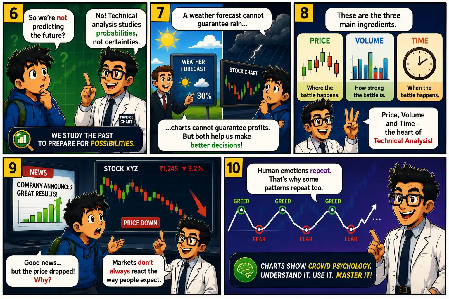 Chart Mission 1 comic panels 6 to 10 explaining probabilities, weather forecast analogy, price, volume, time, market reactions, and crowd psychology.