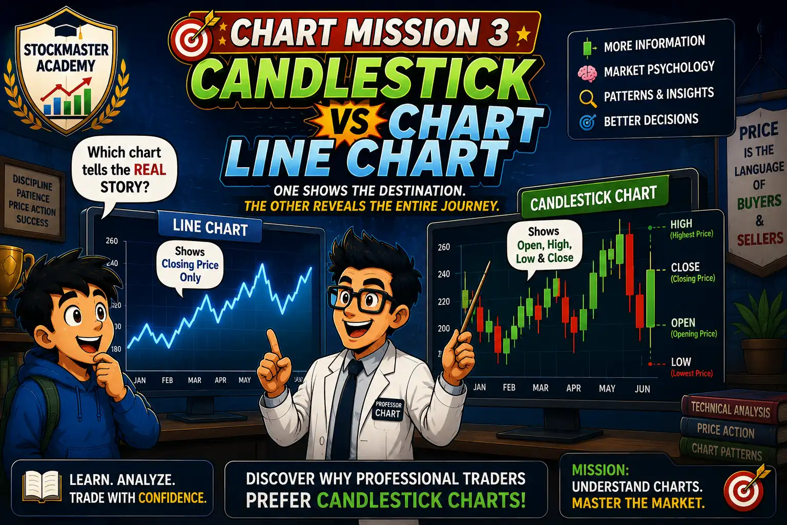 Chart Mission 3 hero image comparing candlestick charts and line charts with Professor Chart teaching Arjun why professional traders prefer candlestick charts.