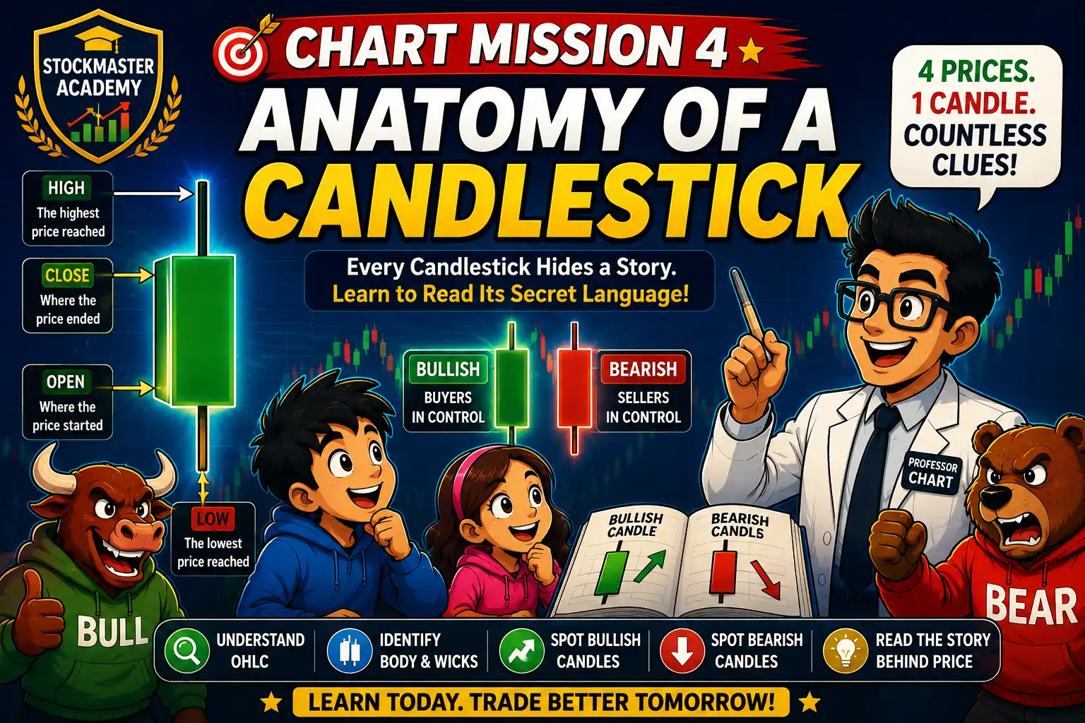 Chart Mission 4 Anatomy of a Candlestick hero image showing OHLC, bullish and bearish candlesticks, Professor Chart, Bull, Bear, and students learning technical analysis.